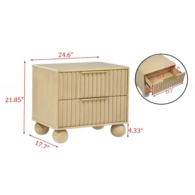 Modern Minimalist Bedroom 2 Drawer Nightstand with Fluted Panels and Rounded Legs - Image 3