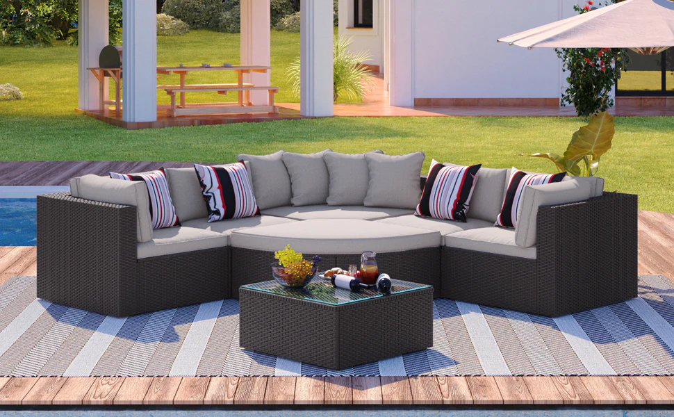 Walker Edison | 7 Piece Outdoor Wicker Modular Sofa Set - Image 4