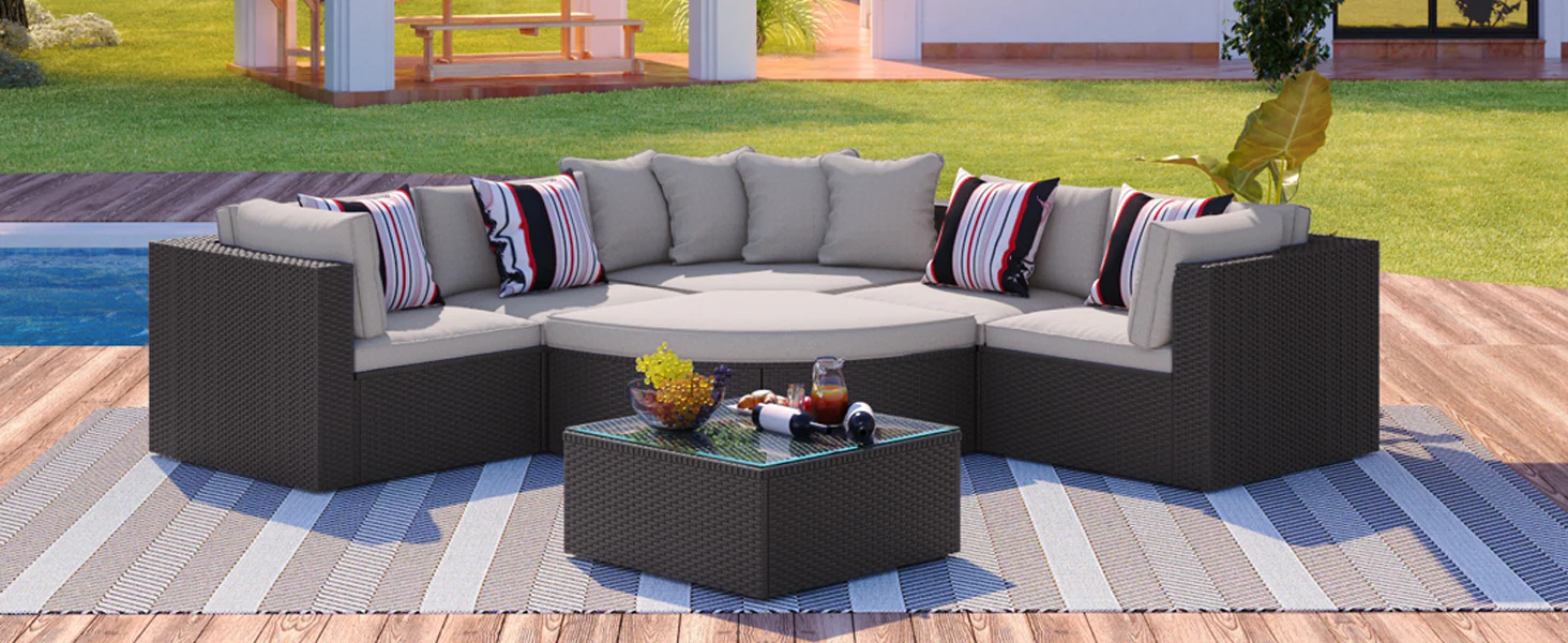 Walker Edison | 7 Piece Outdoor Wicker Modular Sofa Set - Image 5