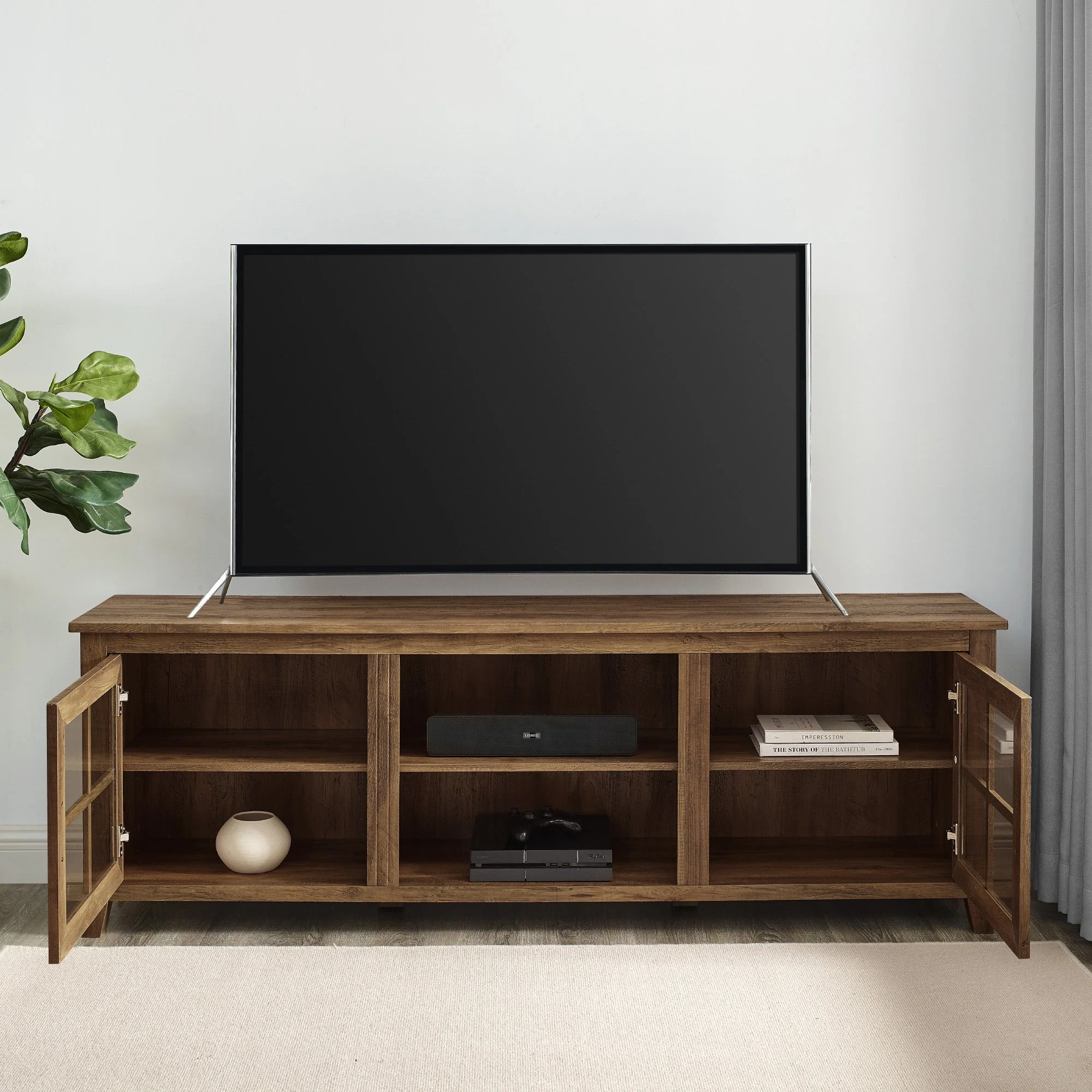 Farmhouse 70" Simple Window Pane 2 Door Wood TV Stand - Image 11