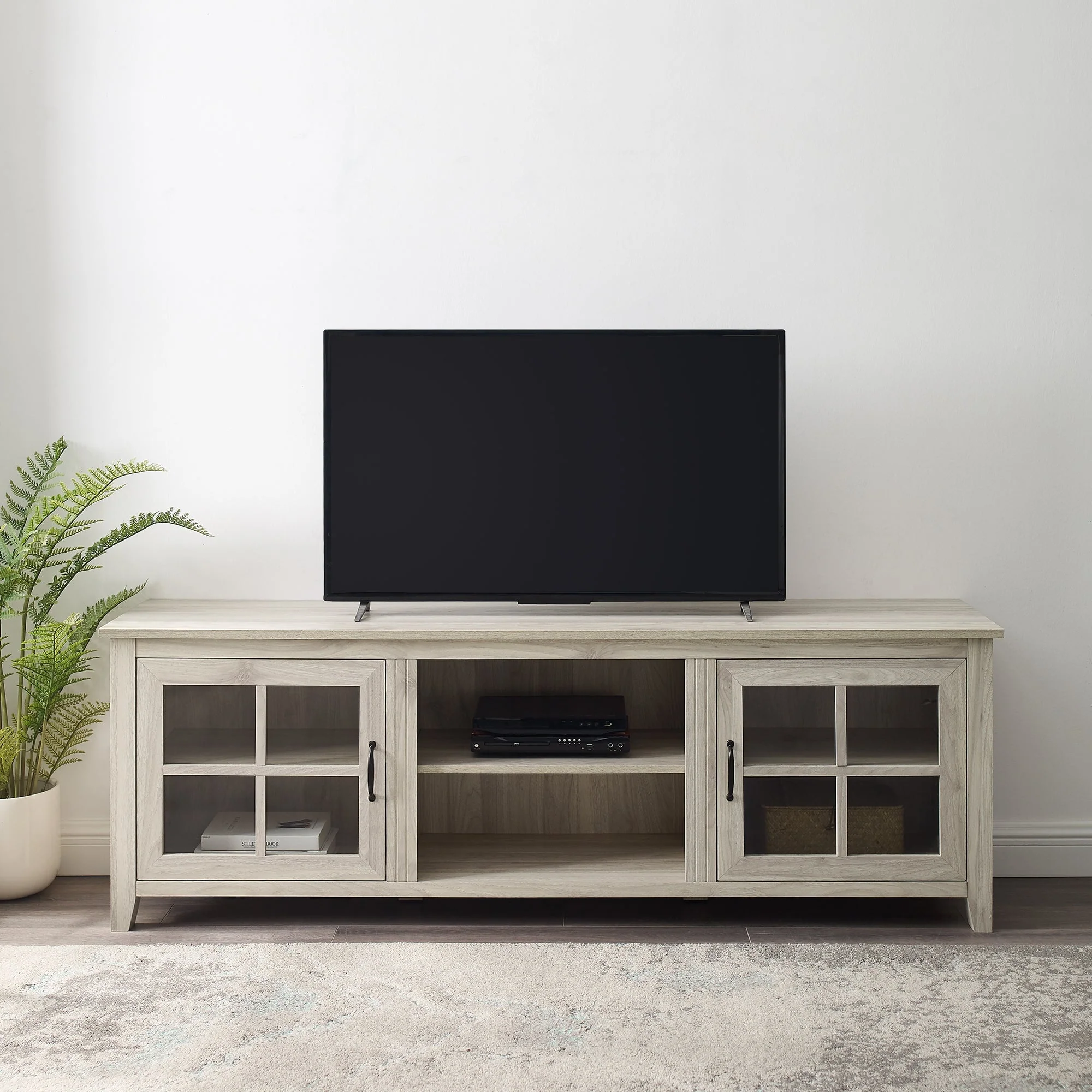 Farmhouse 70" Simple Window Pane 2 Door Wood TV Stand - Image 12
