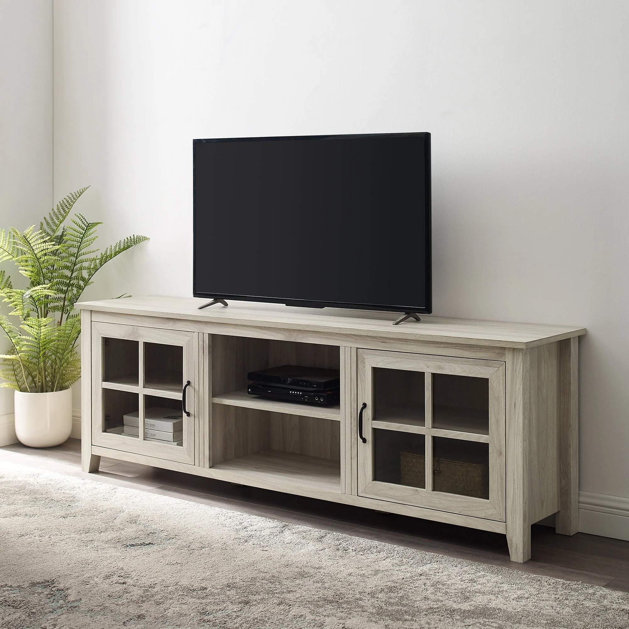 Farmhouse 70" Simple Window Pane 2 Door Wood TV Stand - Image 13