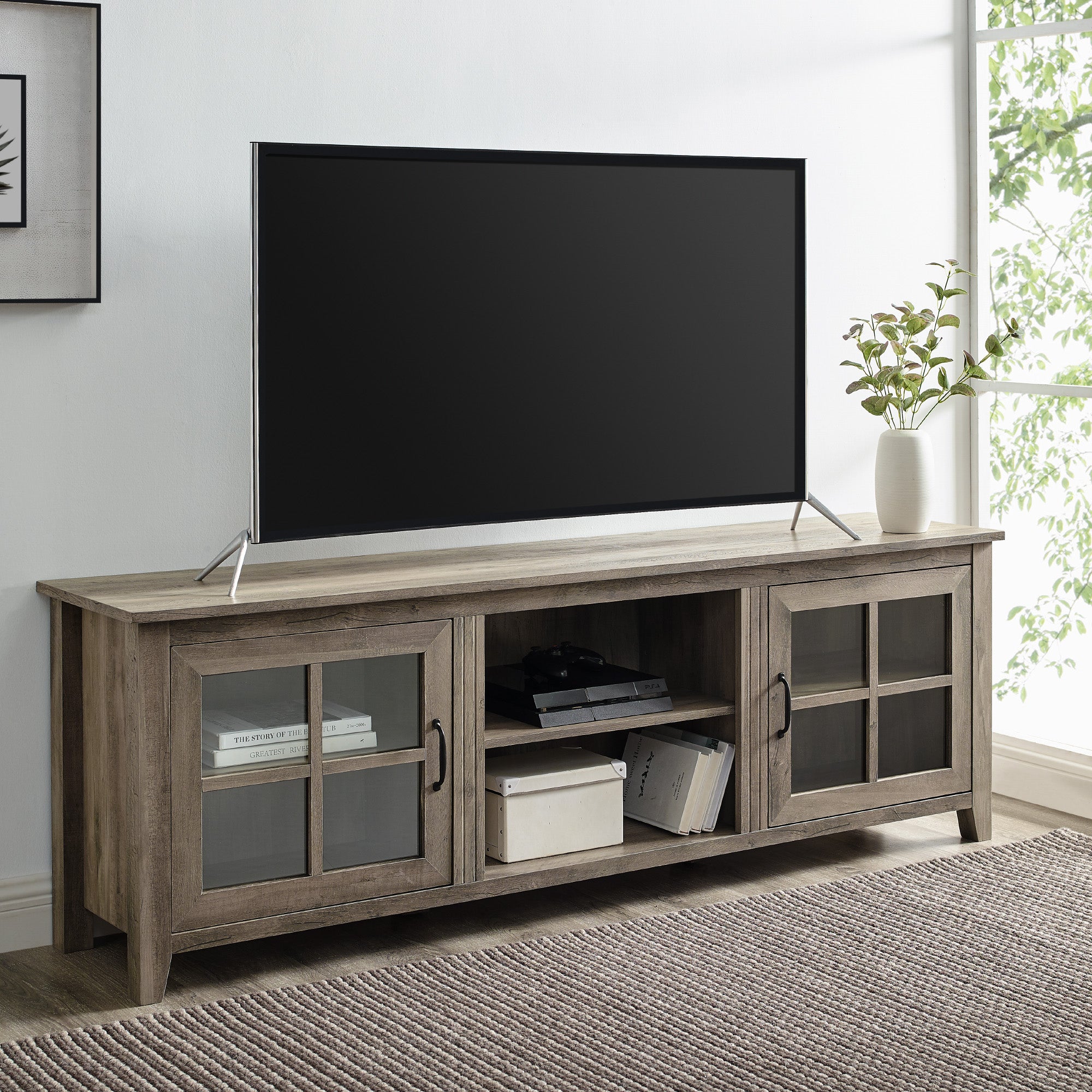 Farmhouse 70" Simple Window Pane 2 Door Wood TV Stand - Image 2