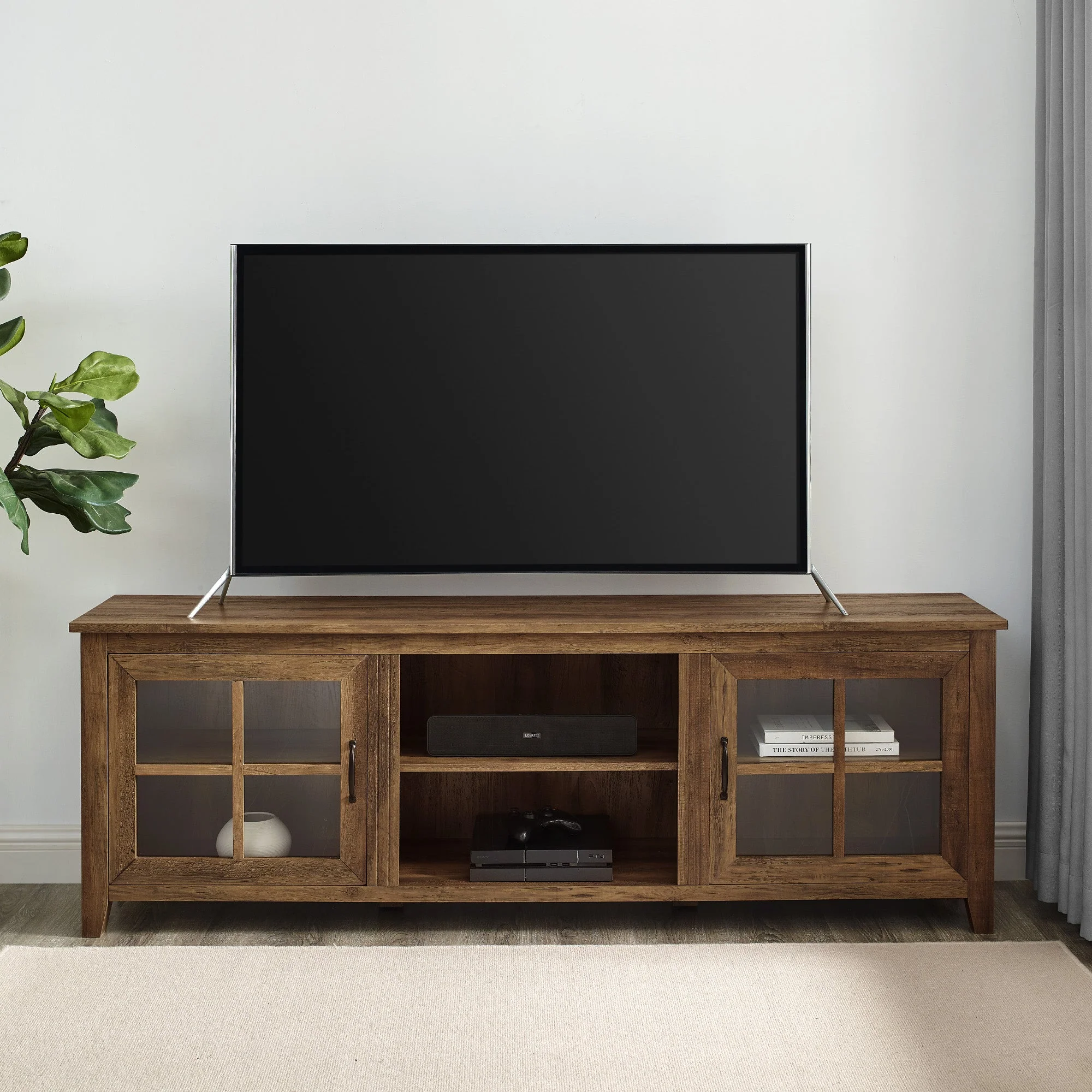 Farmhouse 70" Simple Window Pane 2 Door Wood TV Stand - Image 3