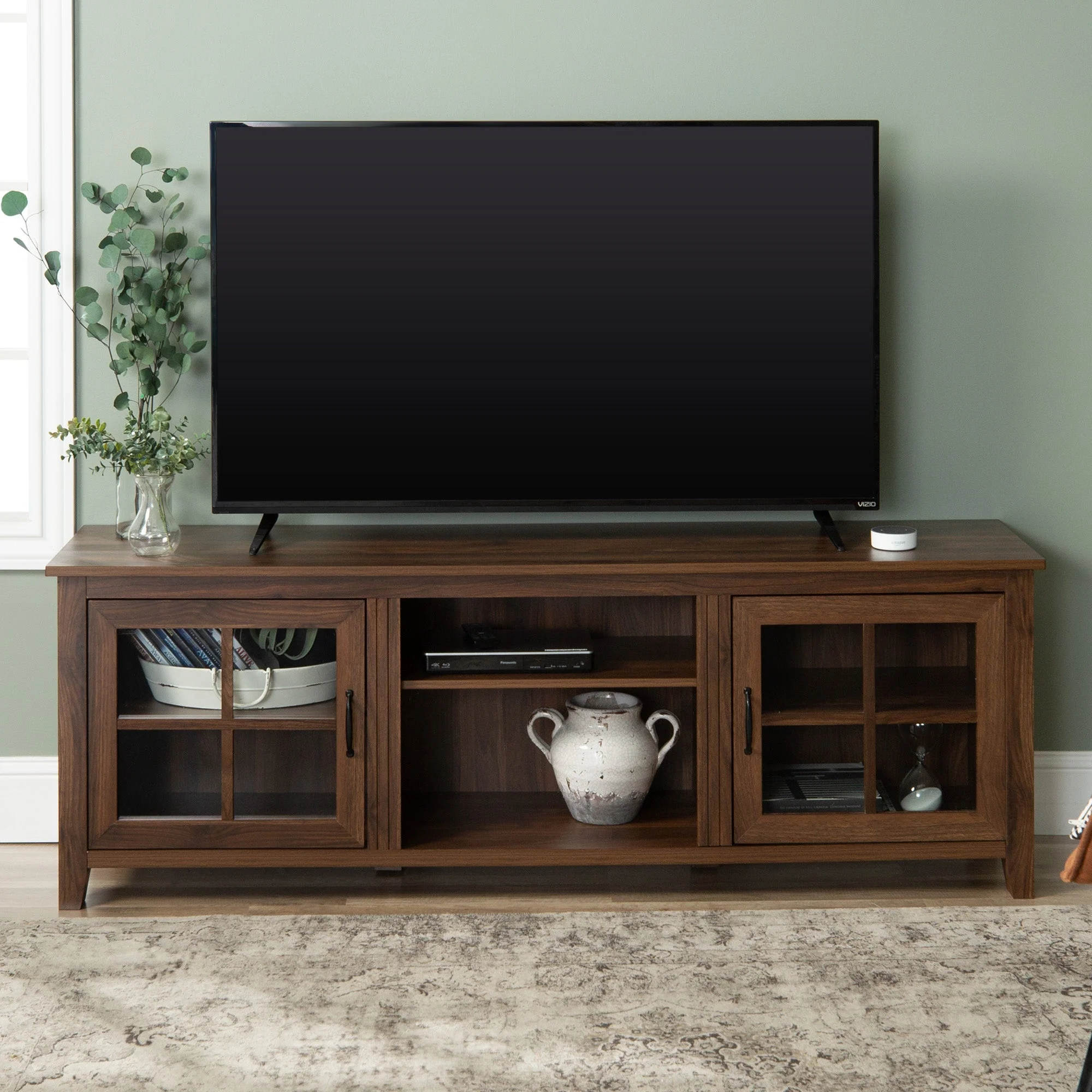 Farmhouse 70" Simple Window Pane 2 Door Wood TV Stand - Image 4