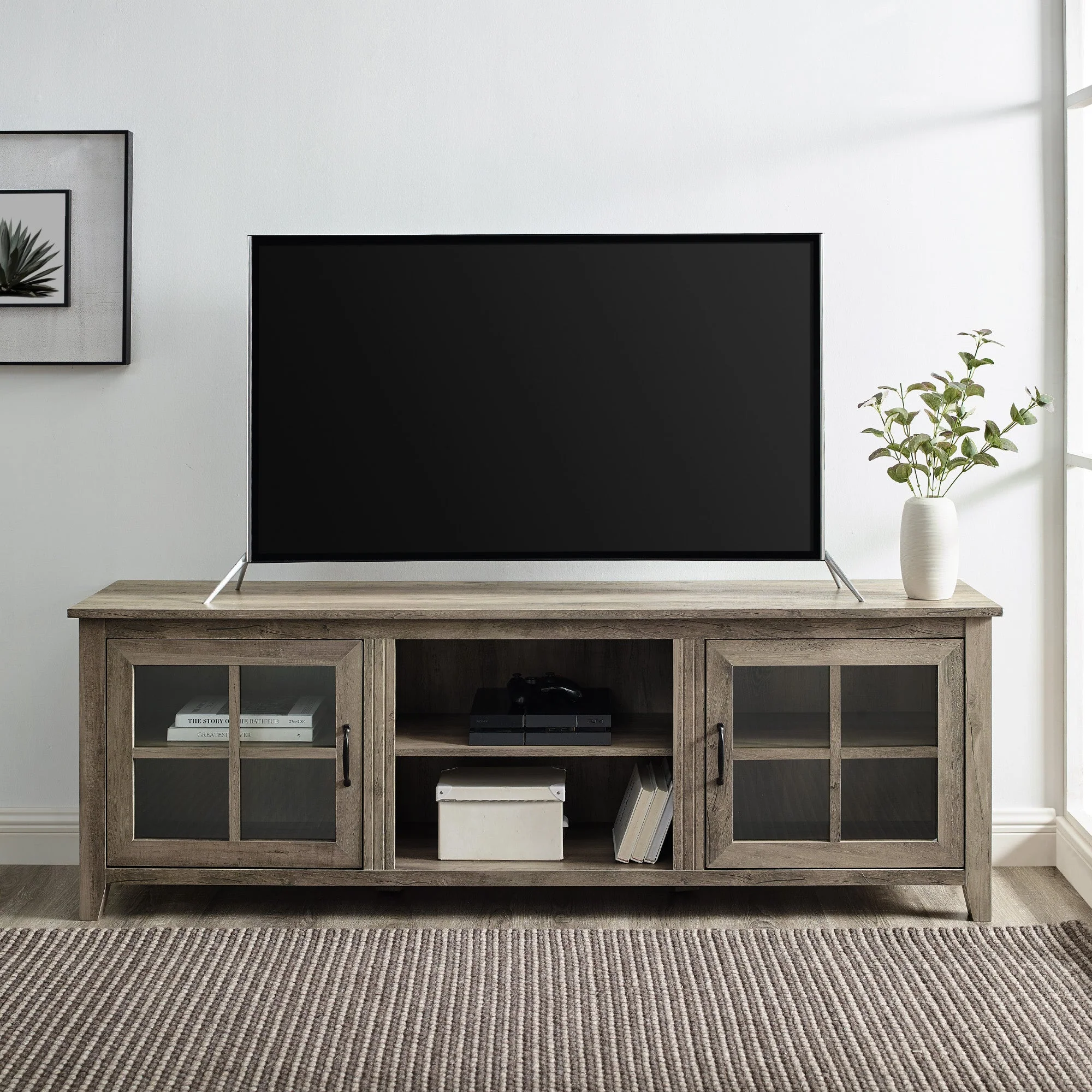 Farmhouse 70" Simple Window Pane 2 Door Wood TV Stand - Image 5
