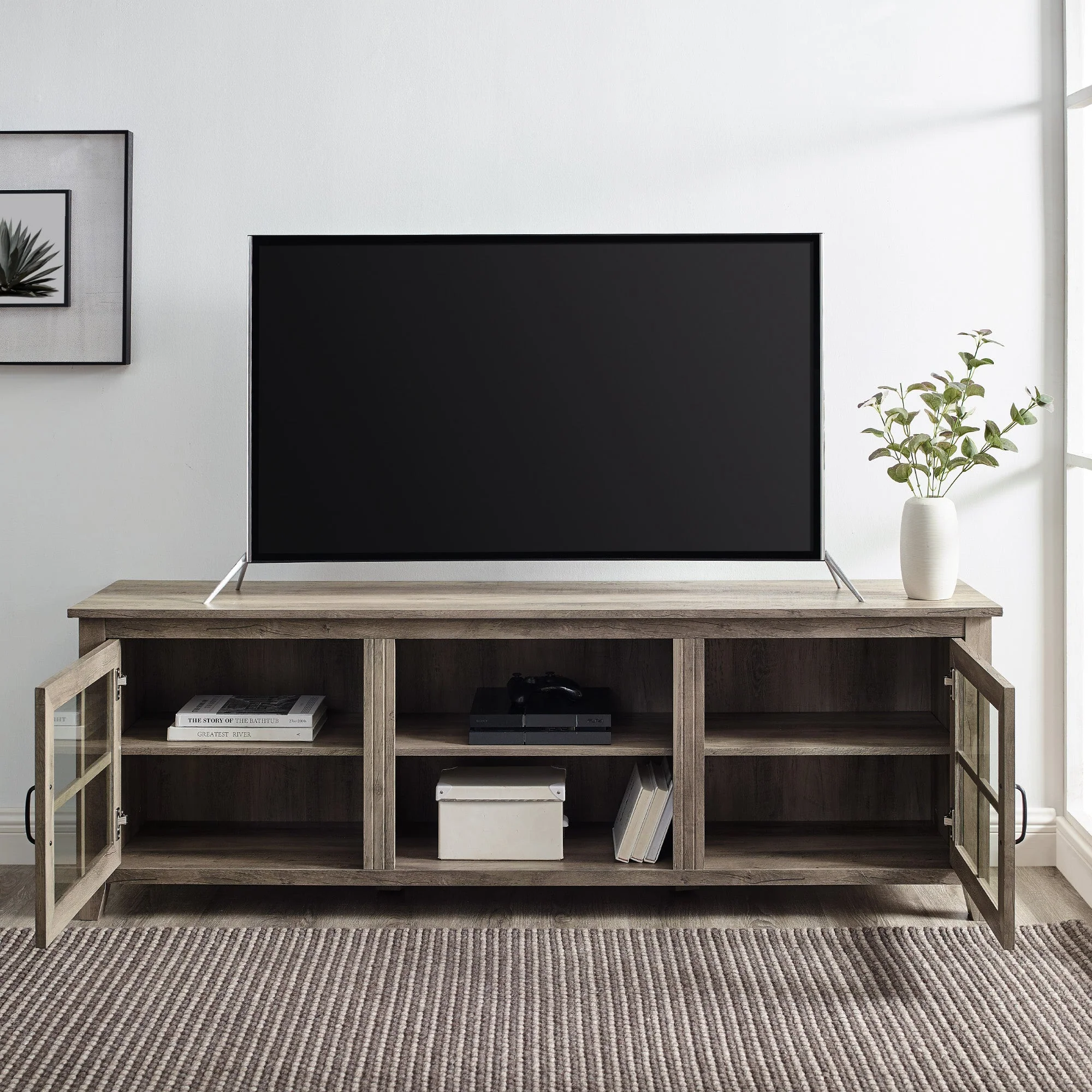 Farmhouse 70" Simple Window Pane 2 Door Wood TV Stand - Image 6