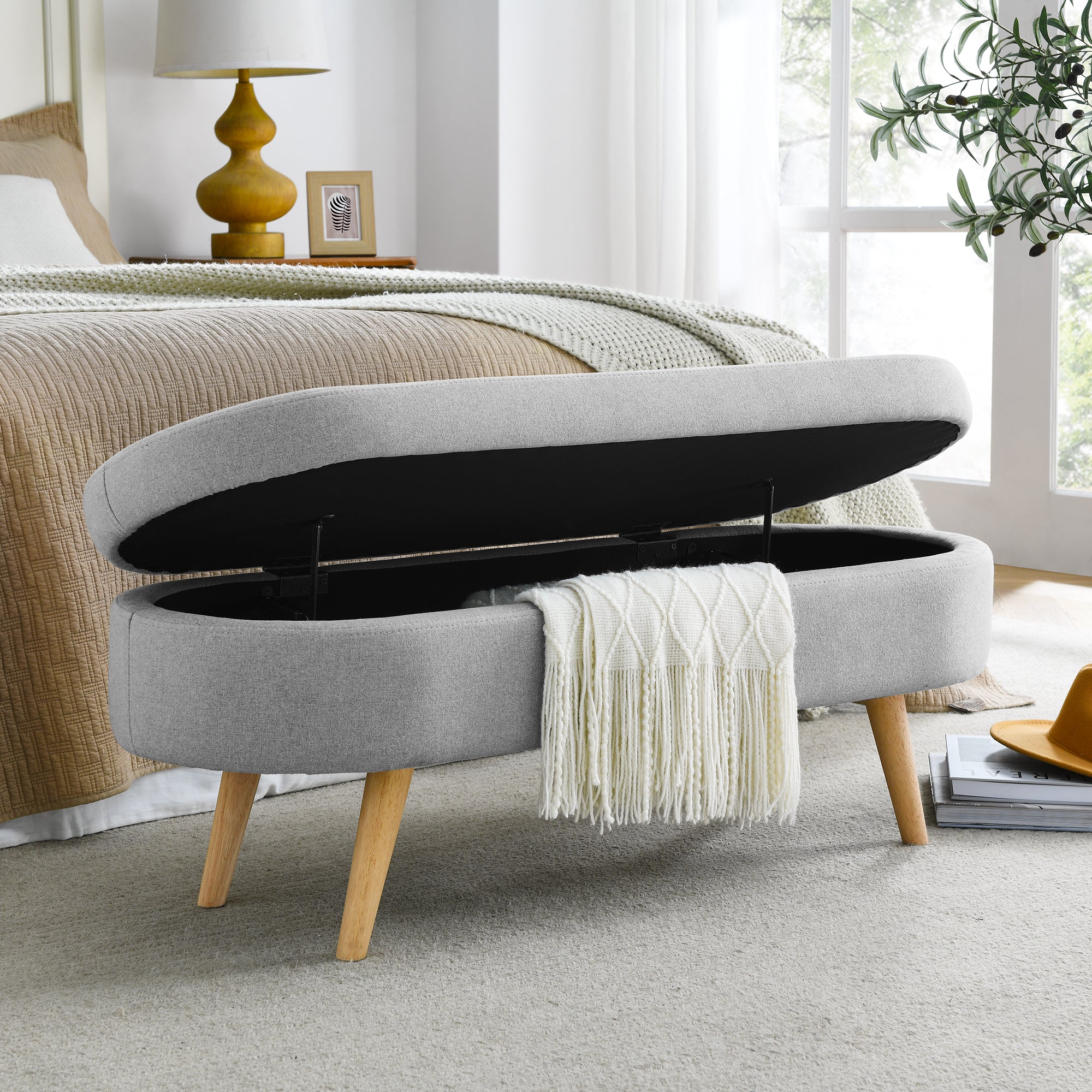 Walker Edison | Linen Oval Ottoman Storage Bench - Image 2