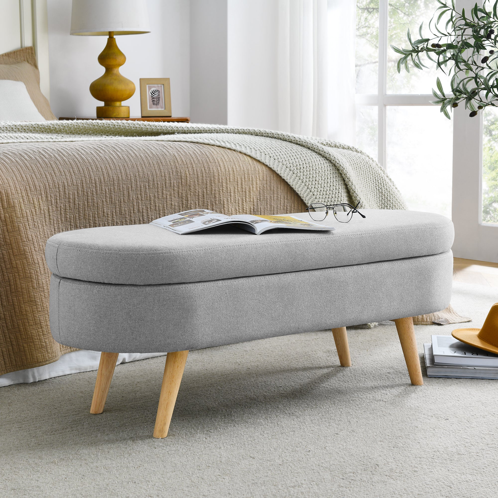 Walker Edison | Linen Oval Ottoman Storage Bench - Image 3