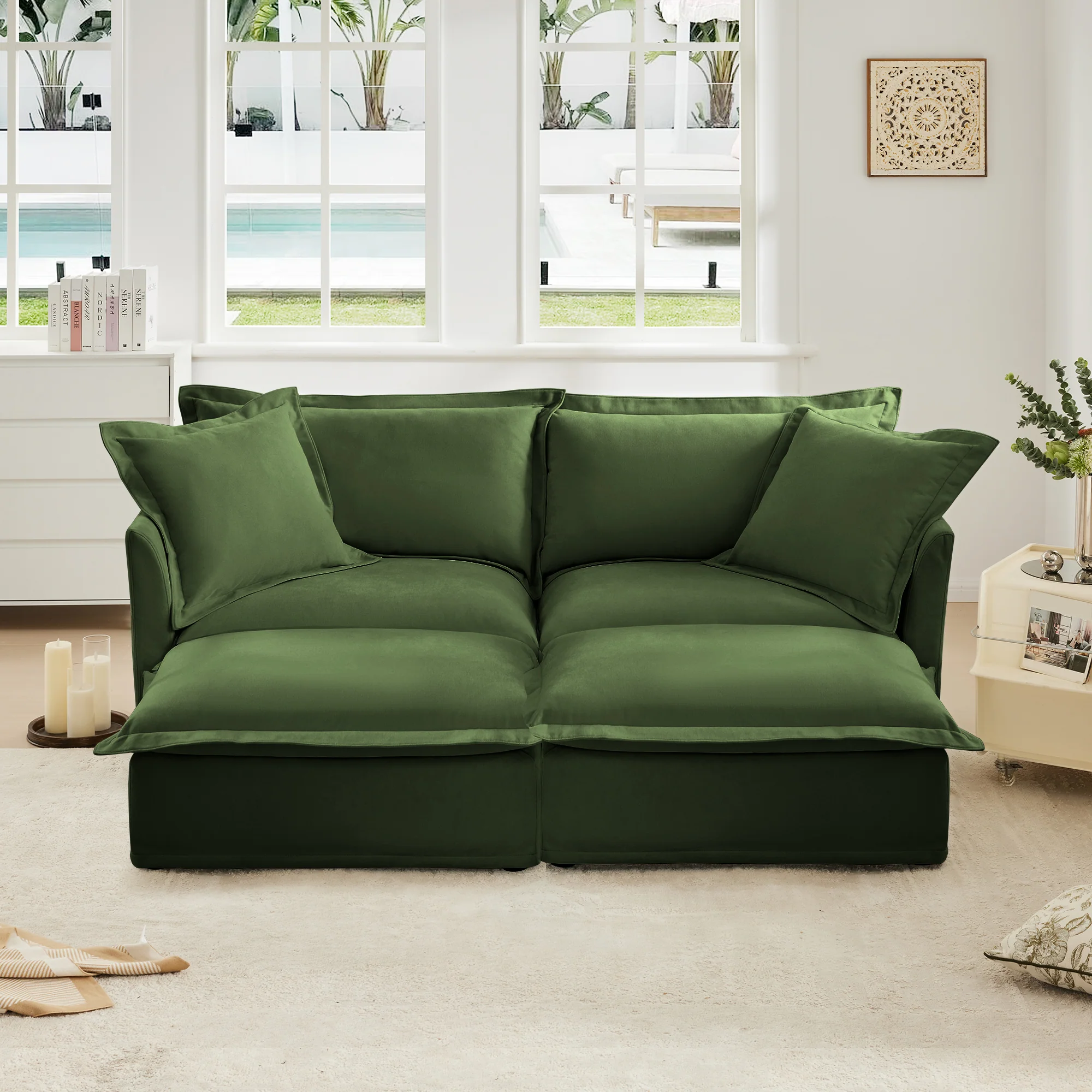 Walker Edison | Wide Deep Seat Slipcovered Loveseat Sofa with 2 Ottomans - Image 2