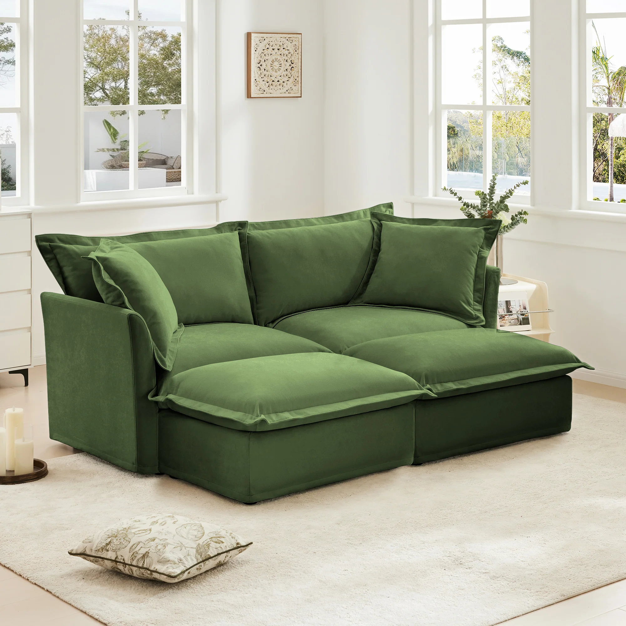 Walker Edison | Wide Deep Seat Slipcovered Loveseat Sofa with 2 Ottomans - Image 3