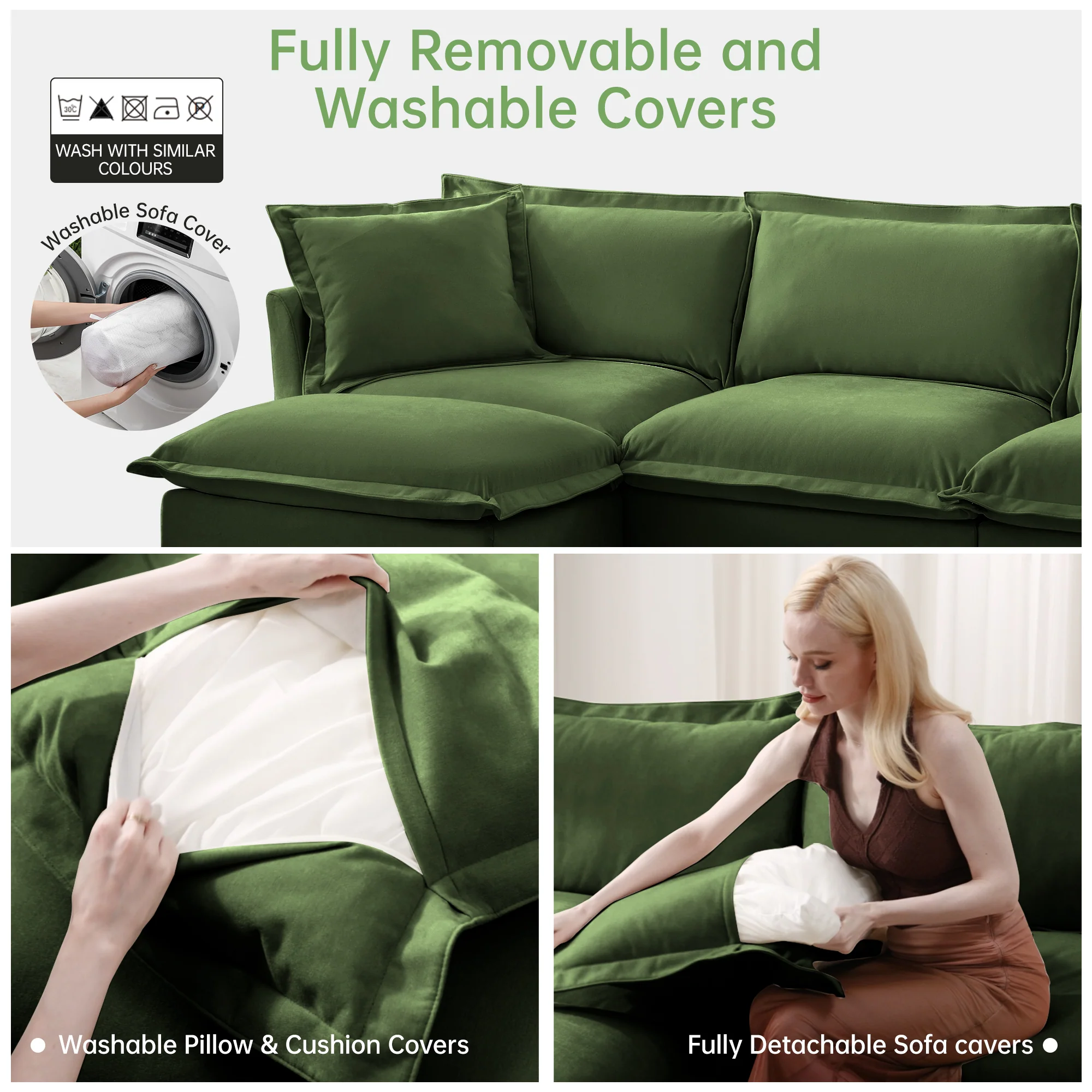 Walker Edison | Wide Deep Seat Slipcovered Loveseat Sofa with 2 Ottomans - Image 7