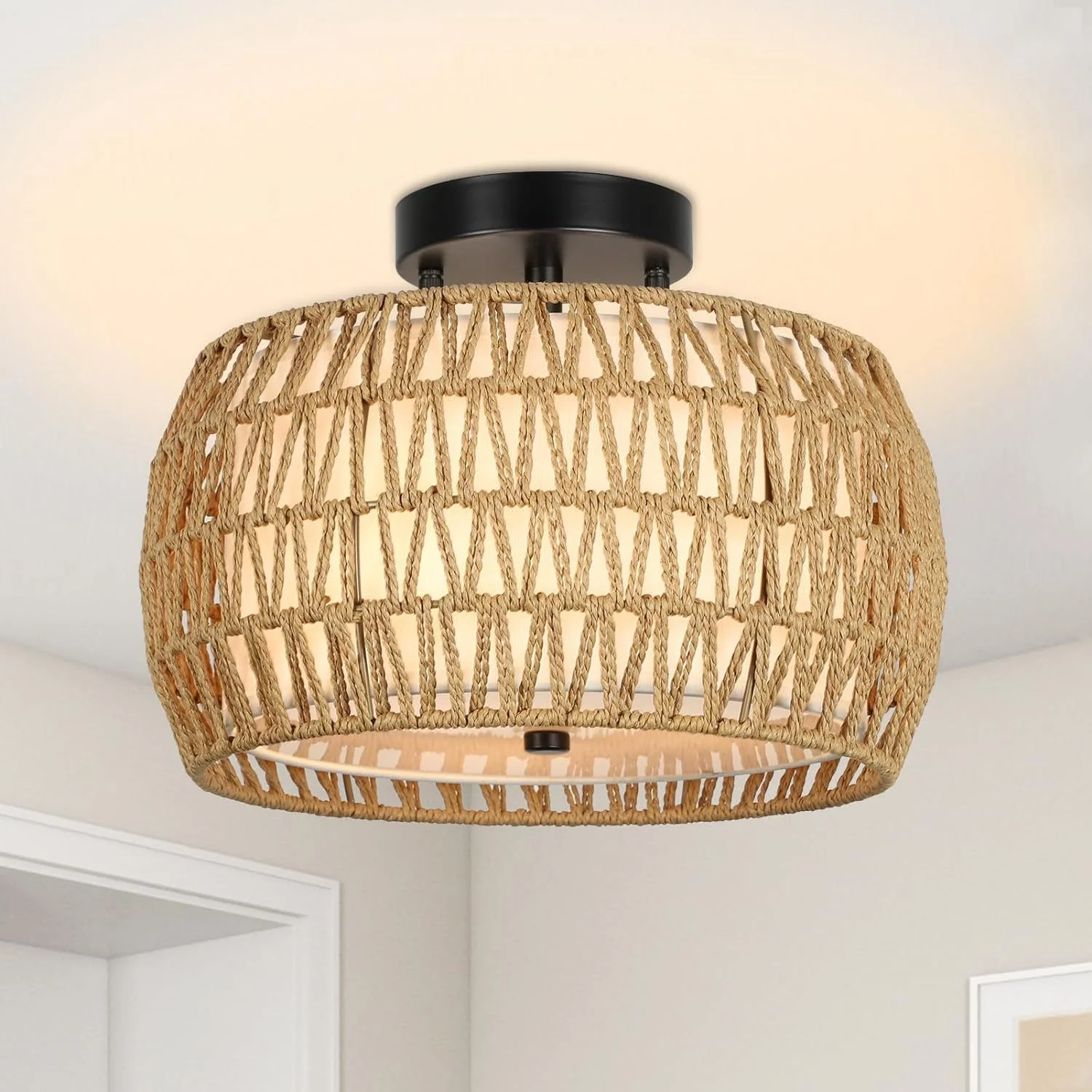 Walker Edison | Boho Rattan Flush Mount Ceiling Light - Image 2