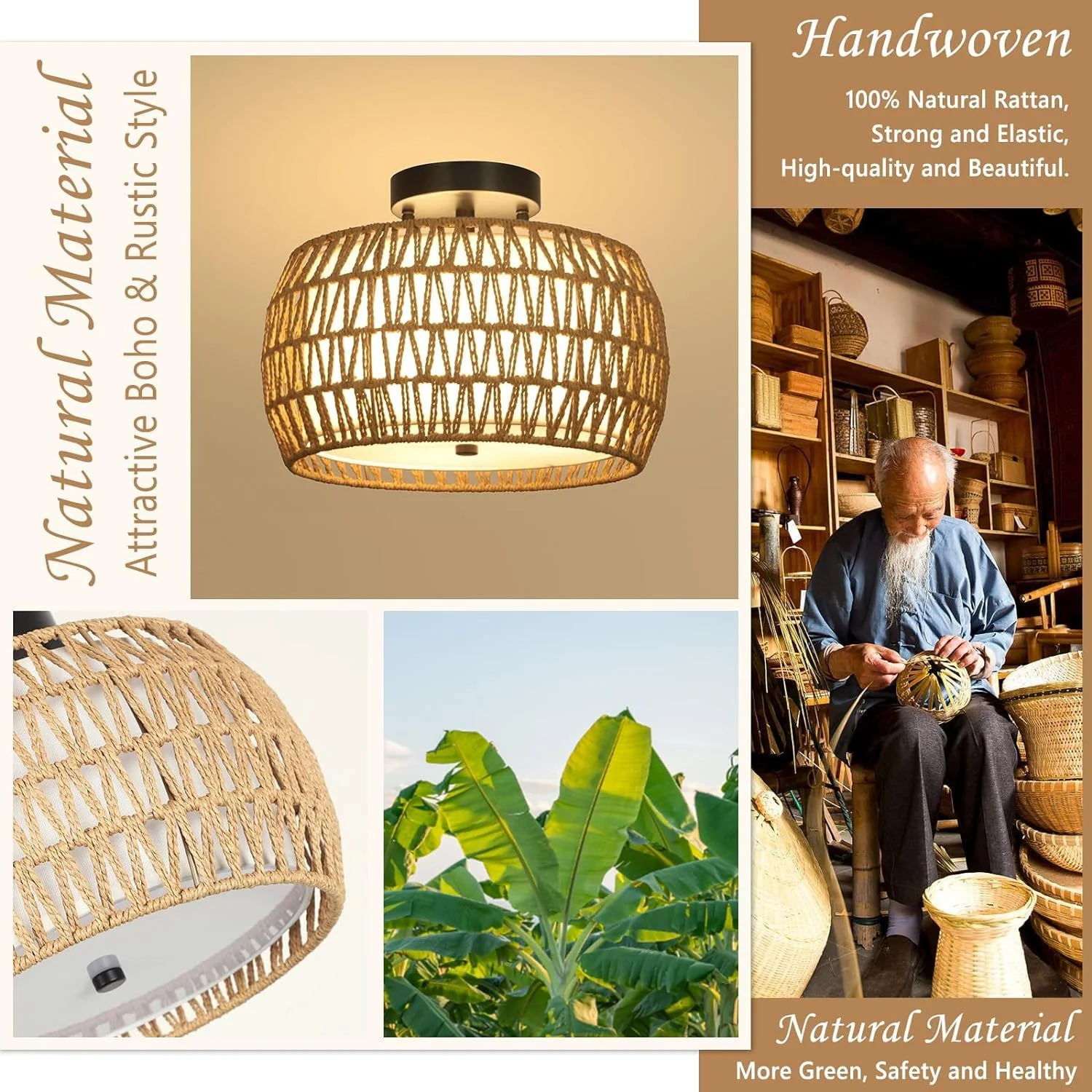 Walker Edison | Boho Rattan Flush Mount Ceiling Light - Image 6