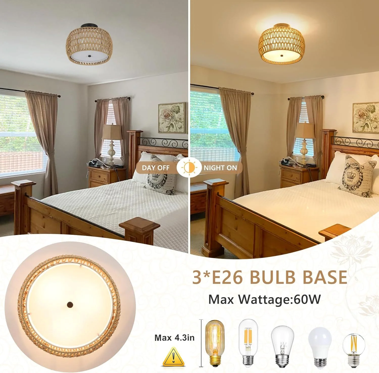 Walker Edison | Boho Rattan Flush Mount Ceiling Light - Image 7