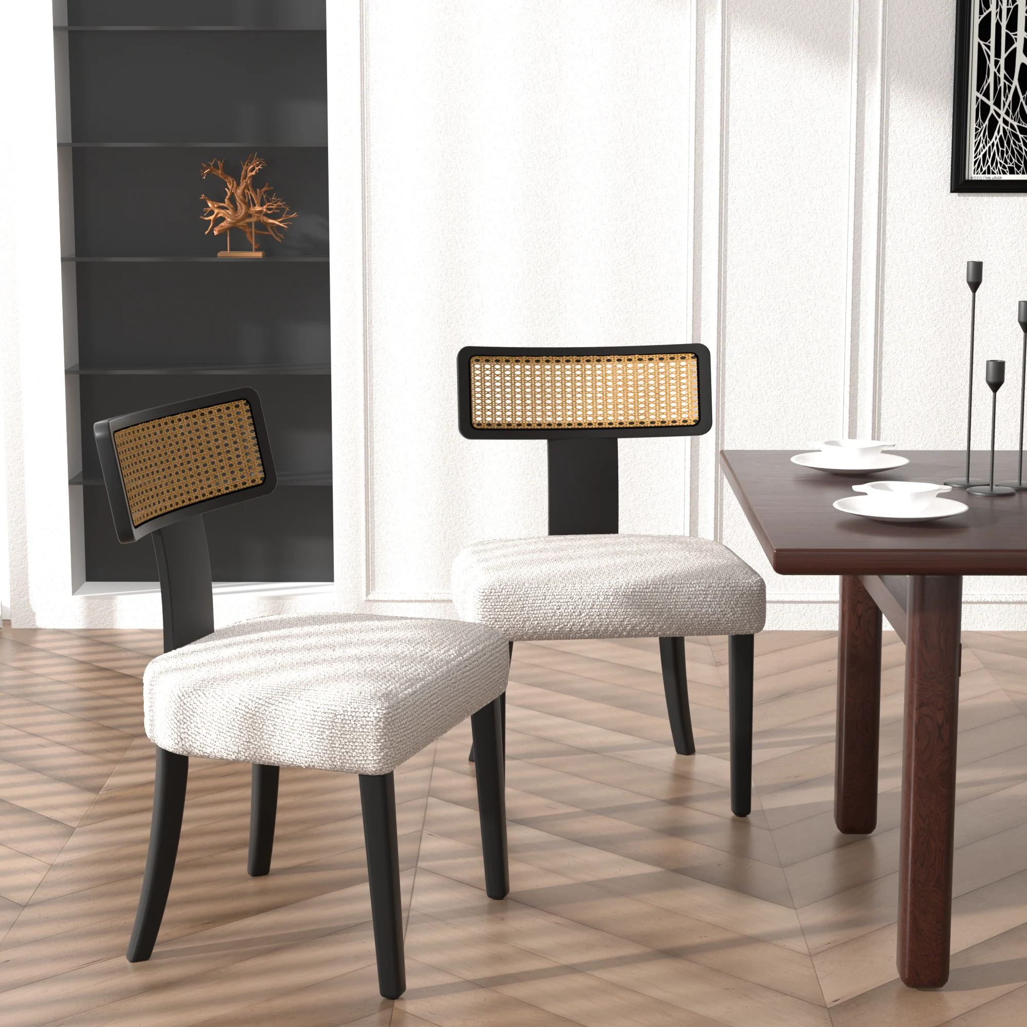 Wood and Rattan Mid Century Modern Dining Chairs Set of 2