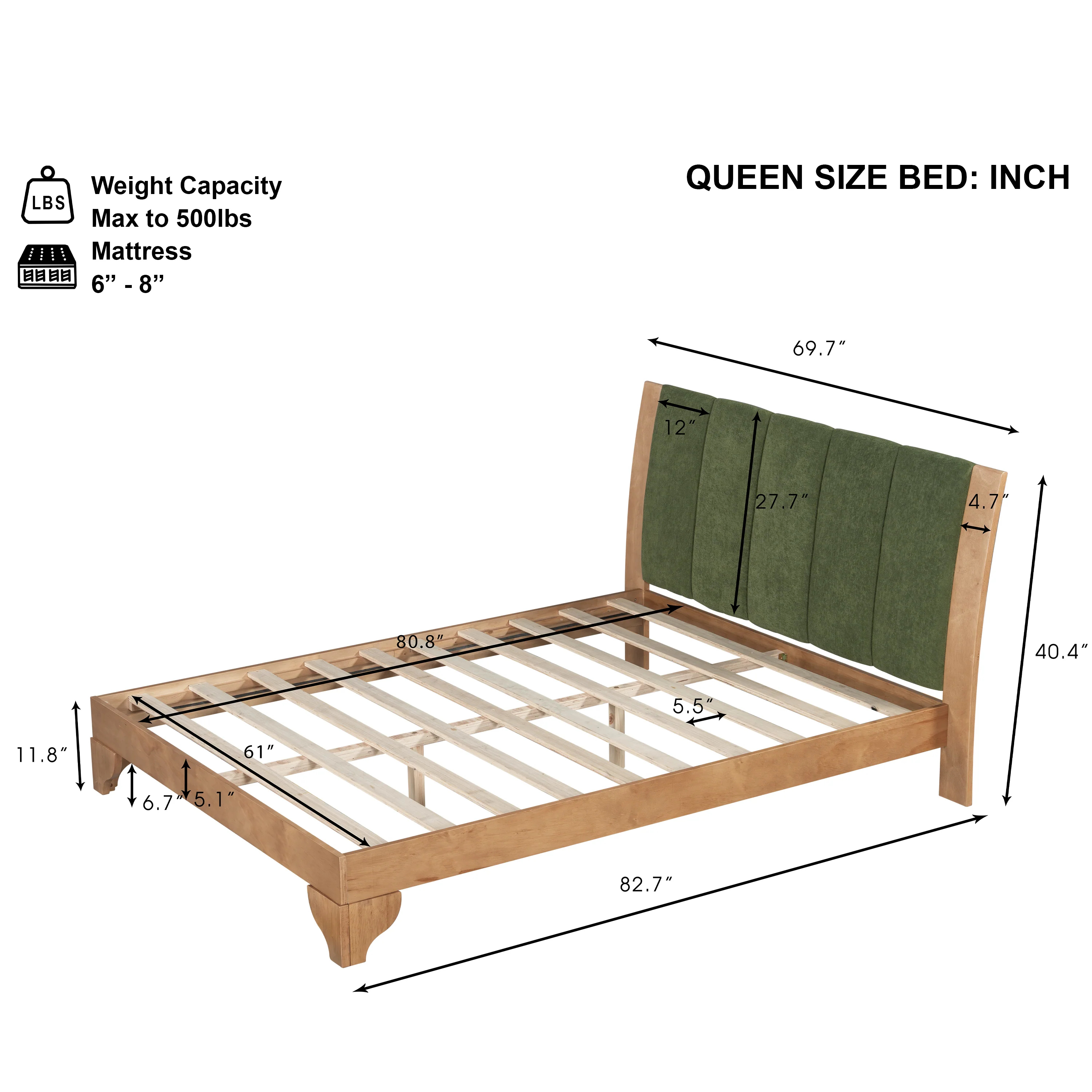Premium Pine Wood Queen Bed Frame,Queen Size Bed Frame with Headboard Included,Mid Century Modern Bed,Natural&Green Color - Image 2