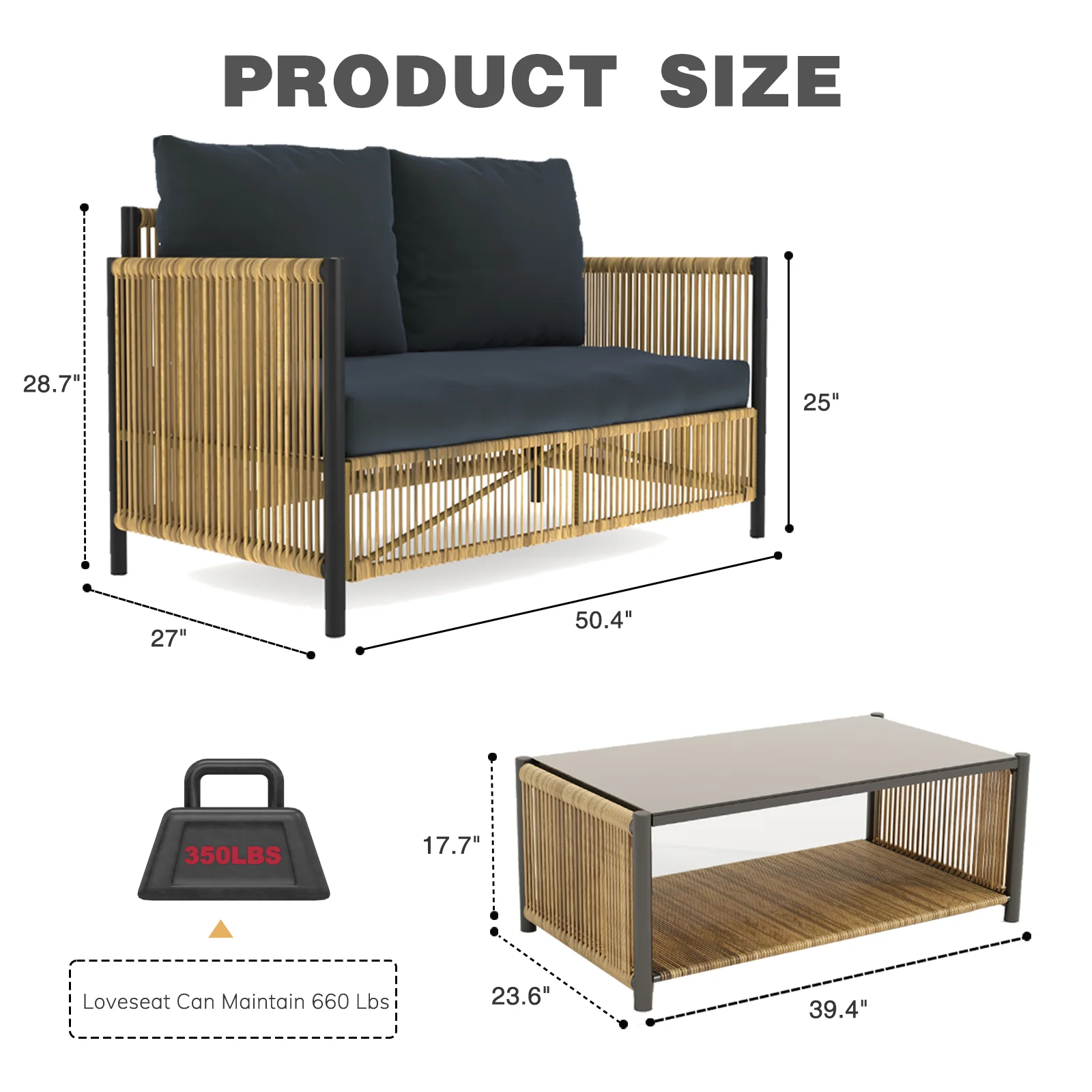 Walker Edison | Wicker Outdoor Loveseat Sofa Table Set - Image 4
