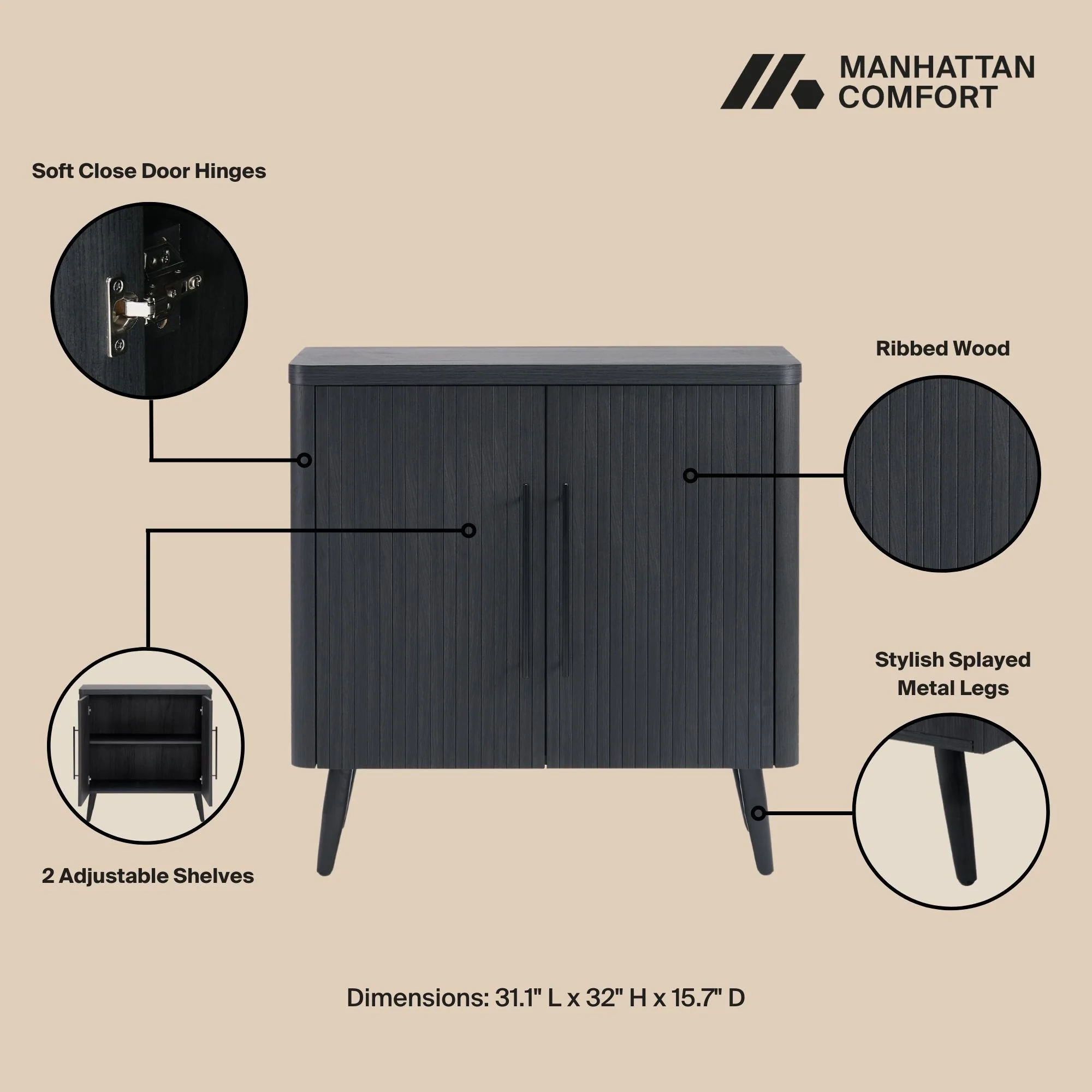 Jodie 31' Fluted Accent Cabinet in Charcoal Gray - Image 4