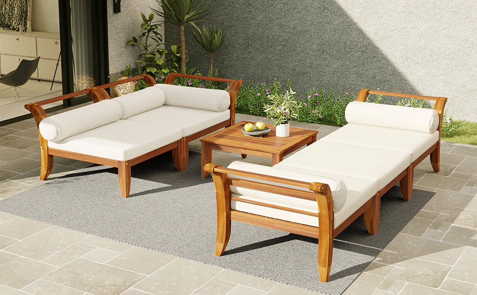Walker Edison | Acacia Wood Outdoor Modular 6 Piece Sectional Sofa Set - Image 25
