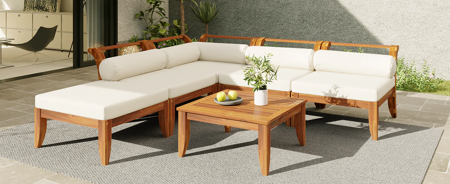 Walker Edison | Acacia Wood Outdoor Modular 6 Piece Sectional Sofa Set - Image 26