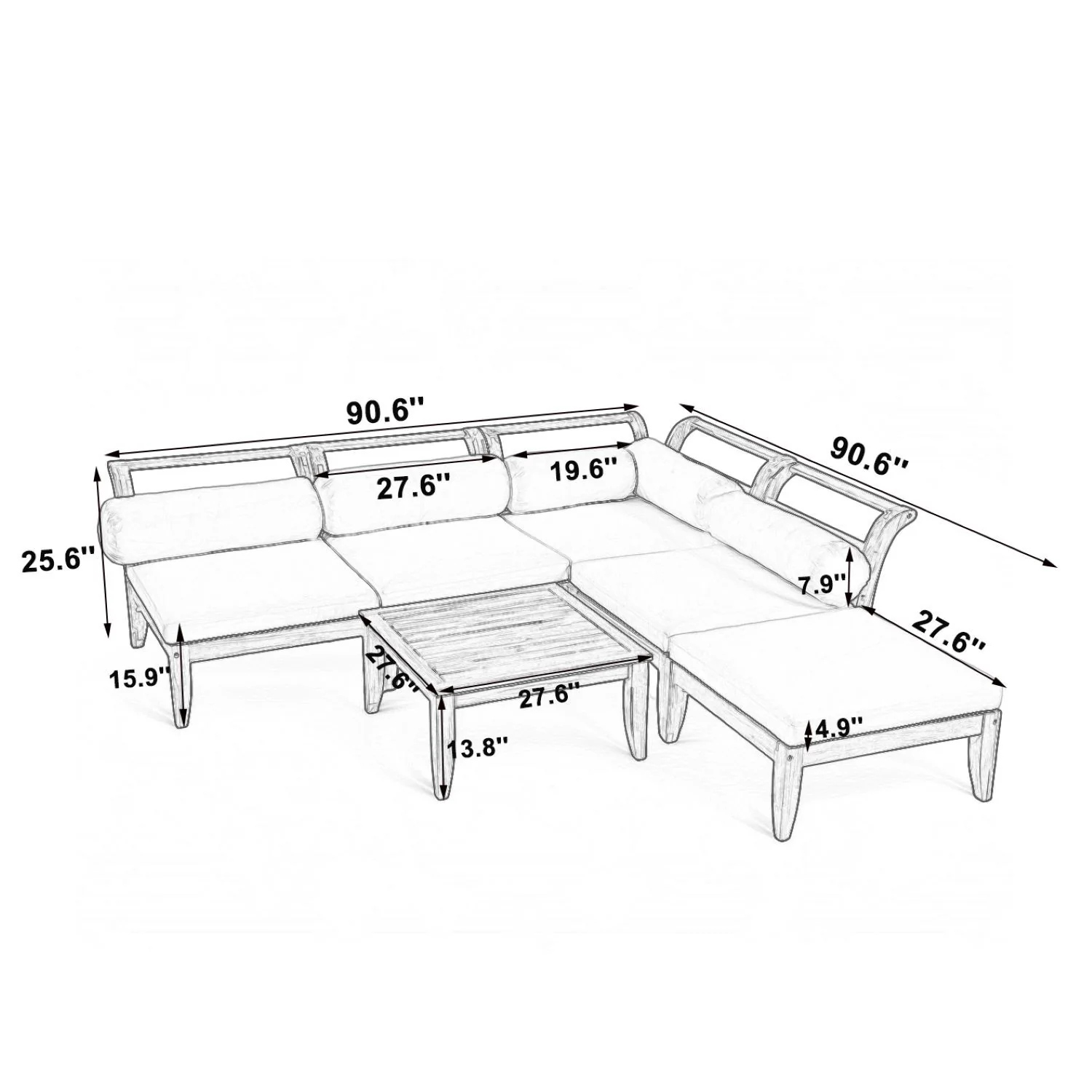 Walker Edison | Acacia Wood Outdoor Modular 6 Piece Sectional Sofa Set - Image 3