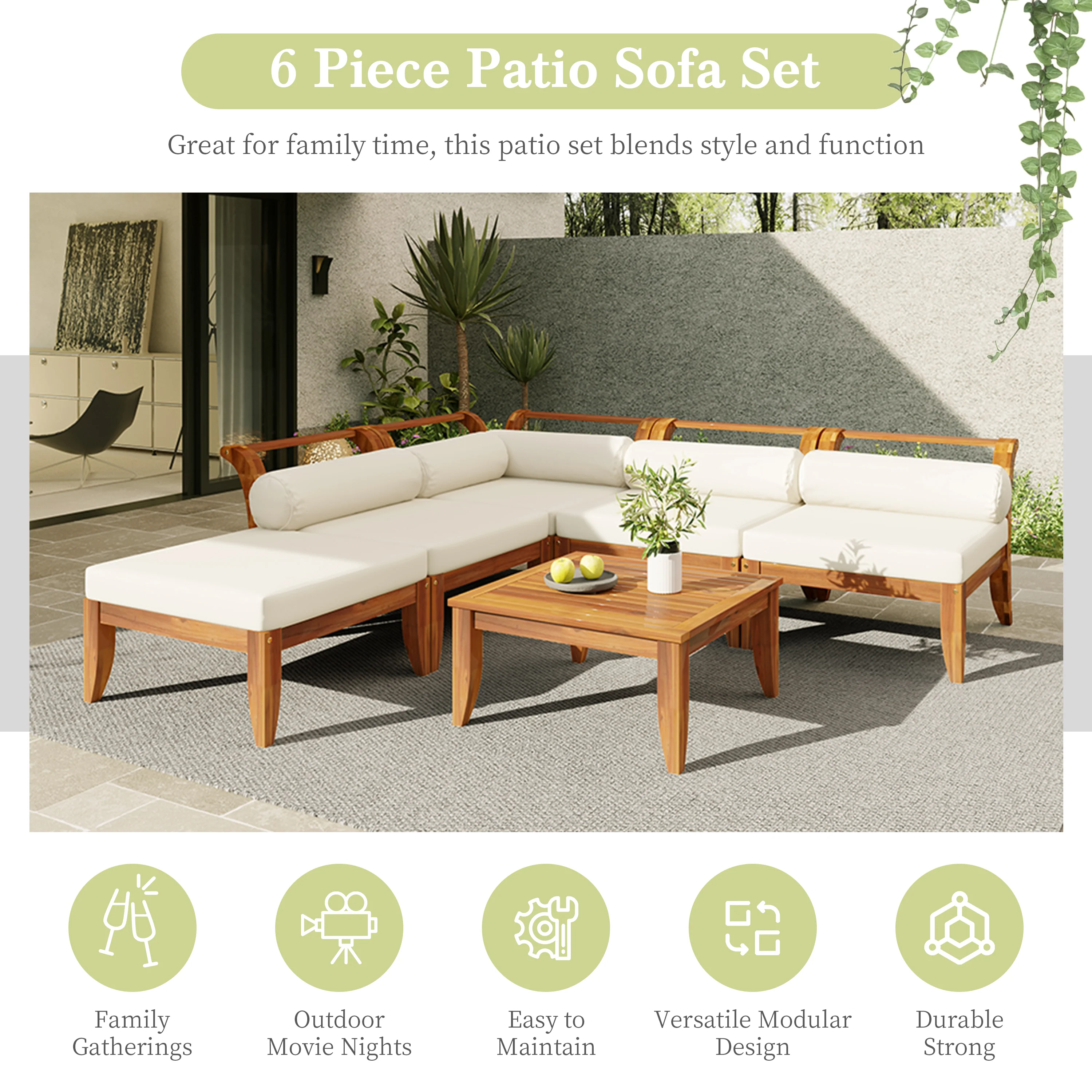 Walker Edison | Acacia Wood Outdoor Modular 6 Piece Sectional Sofa Set - Image 4