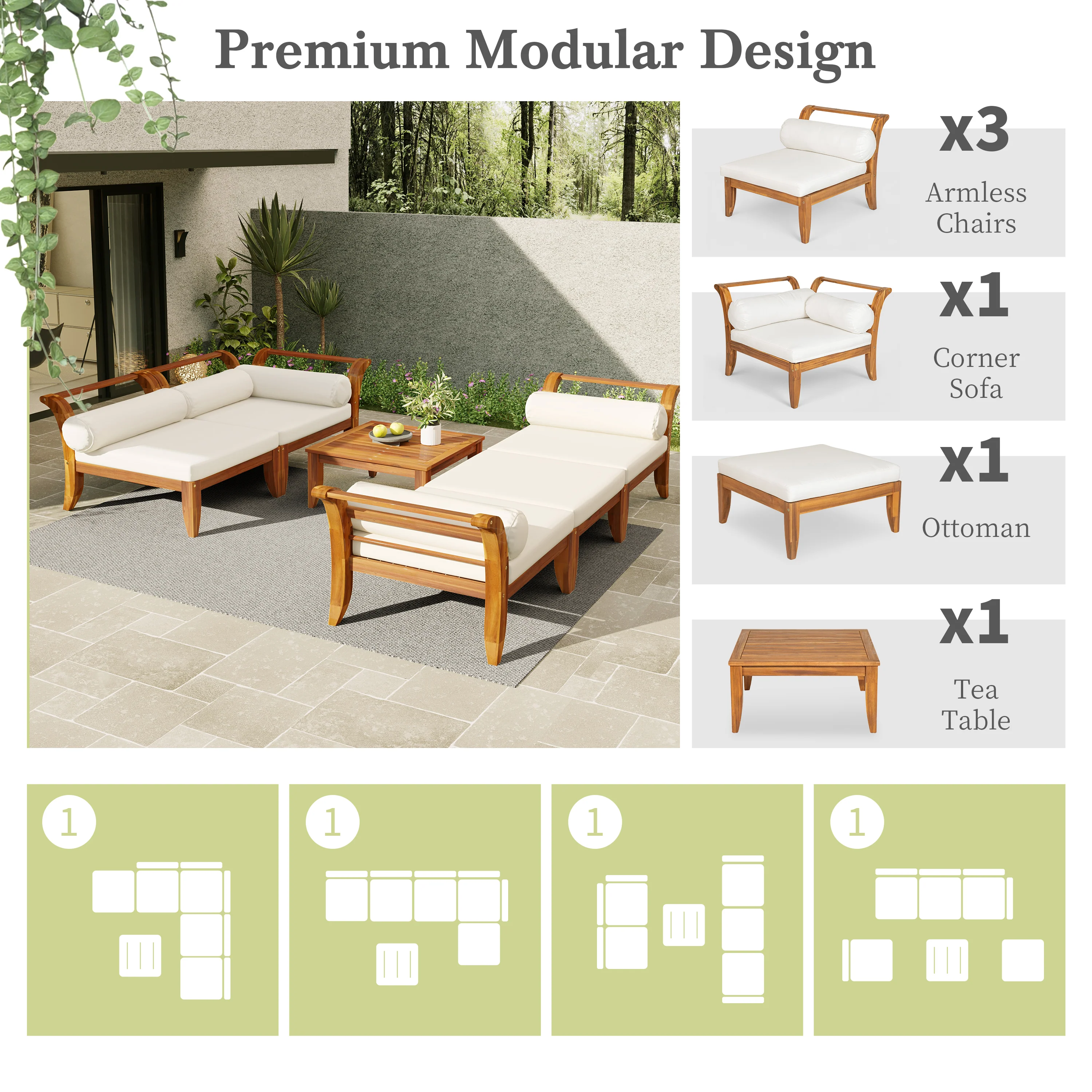Walker Edison | Acacia Wood Outdoor Modular 6 Piece Sectional Sofa Set - Image 5
