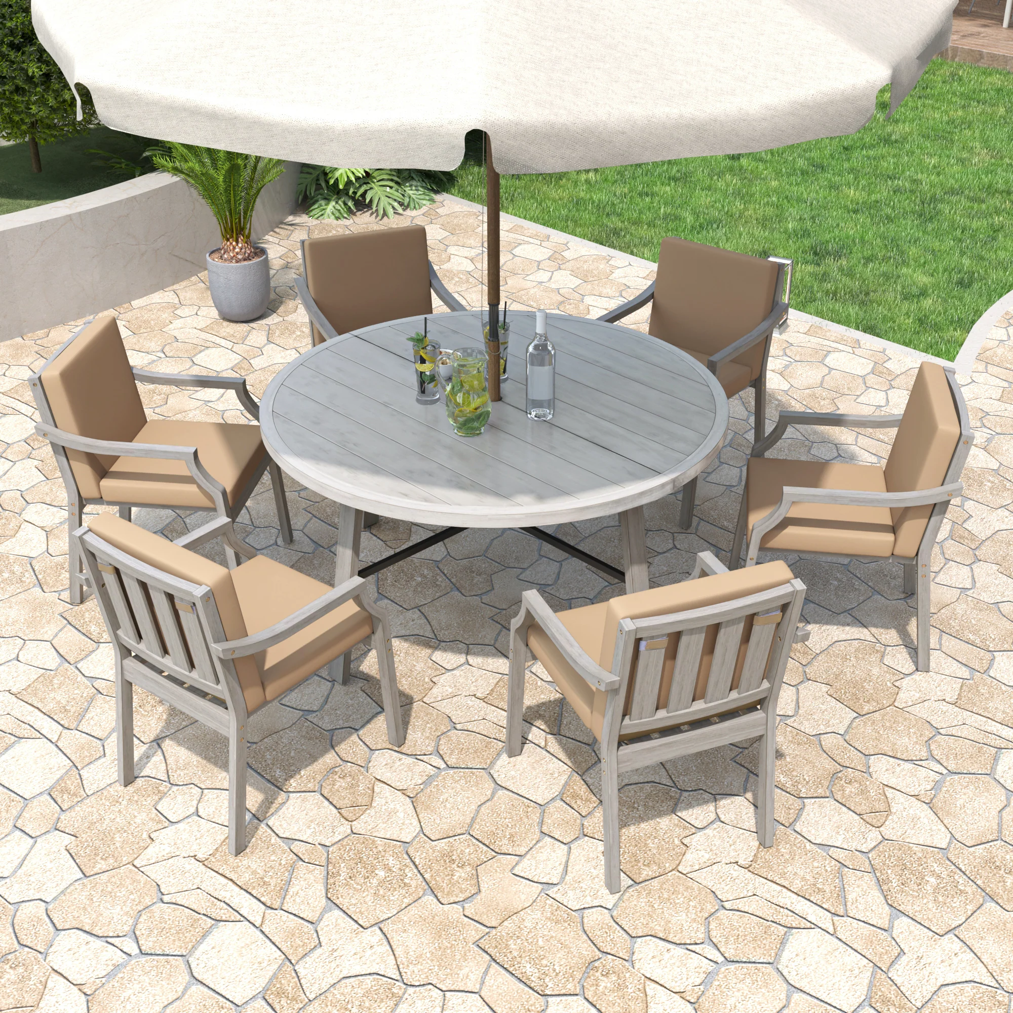 Antique Gray Acacia Wood Outdoor Dining Set 6-Person with Cushions