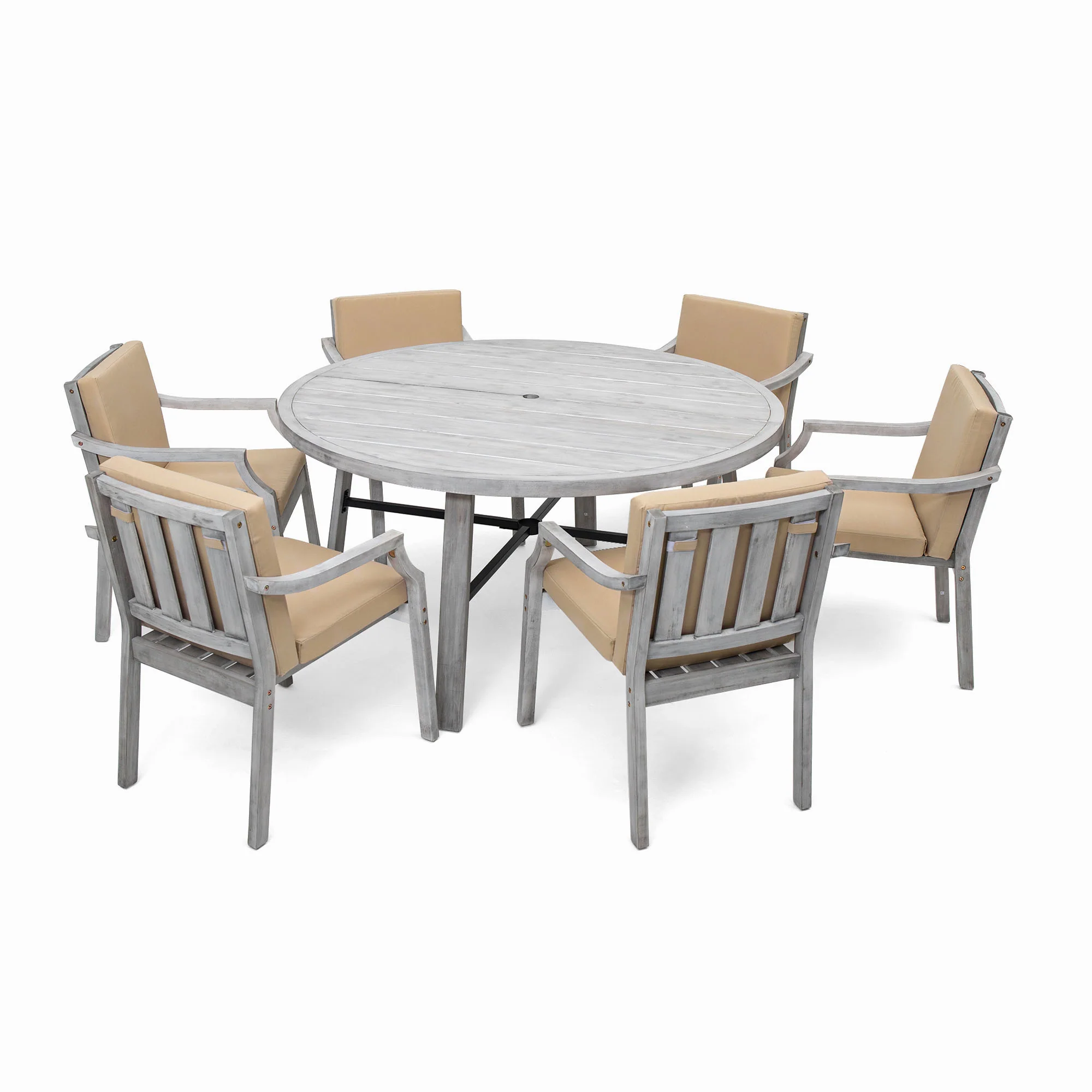 Antique Gray Acacia Wood Outdoor Dining Set 6-Person with Cushions - Image 11