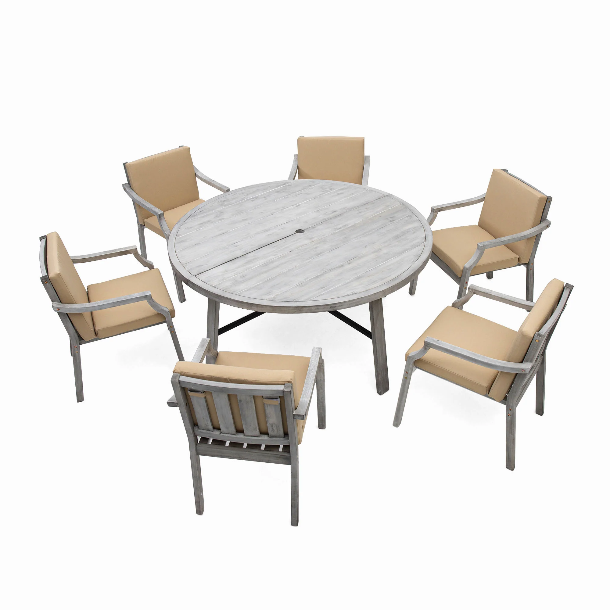 Antique Gray Acacia Wood Outdoor Dining Set 6-Person with Cushions - Image 12