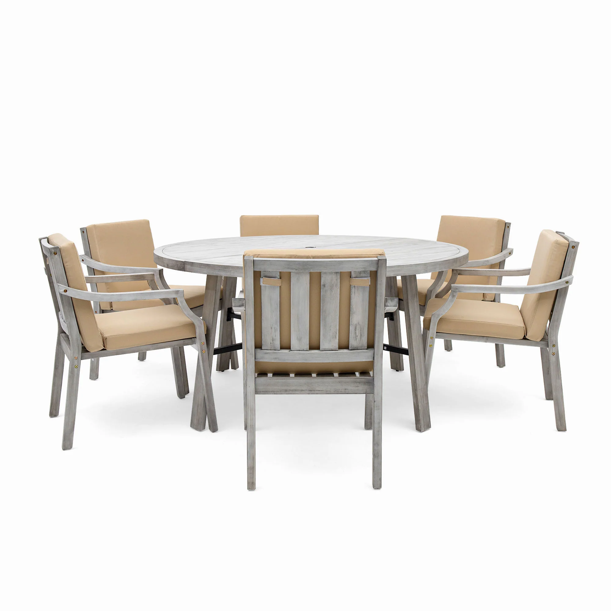 Antique Gray Acacia Wood Outdoor Dining Set 6-Person with Cushions - Image 14