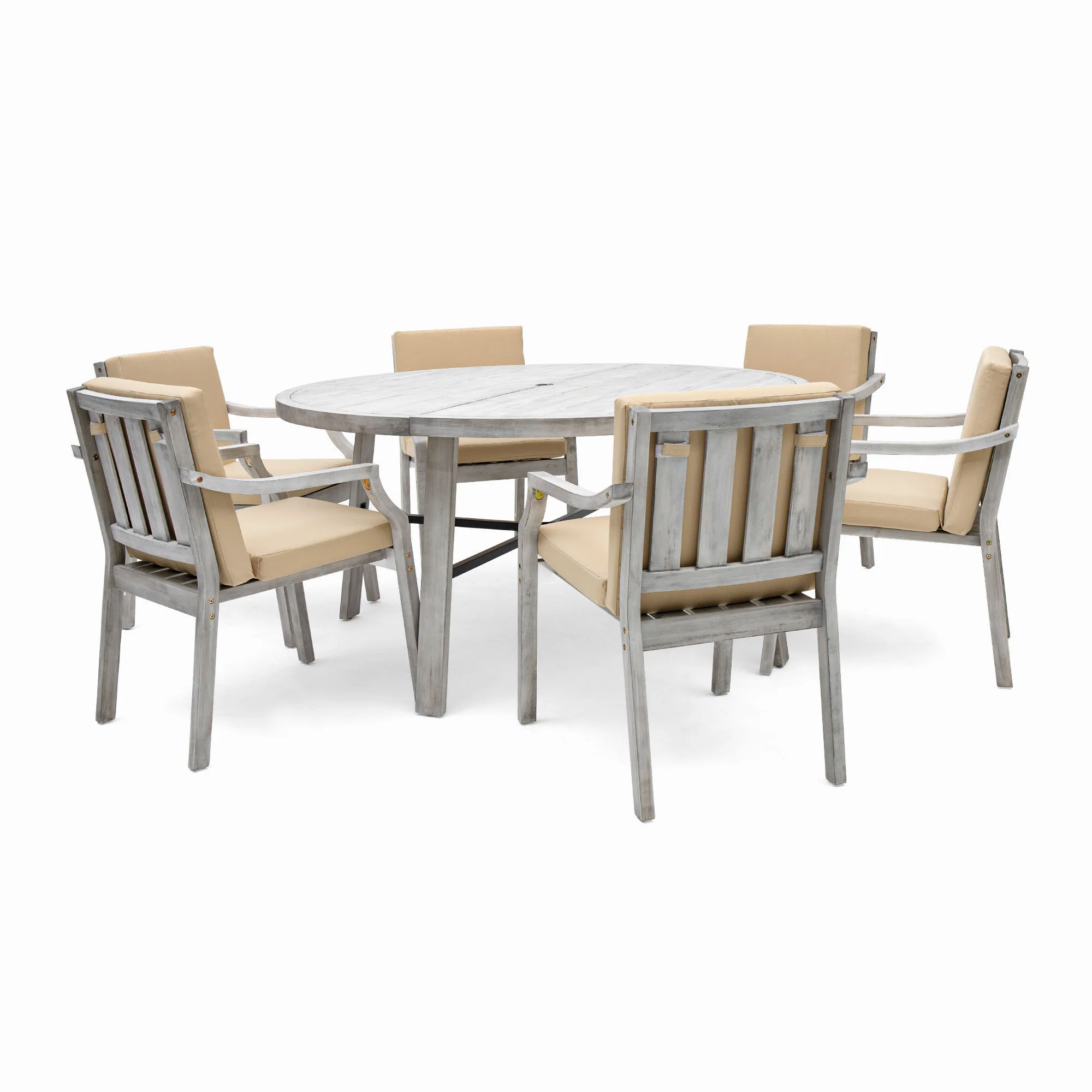 Antique Gray Acacia Wood Outdoor Dining Set 6-Person with Cushions - Image 15