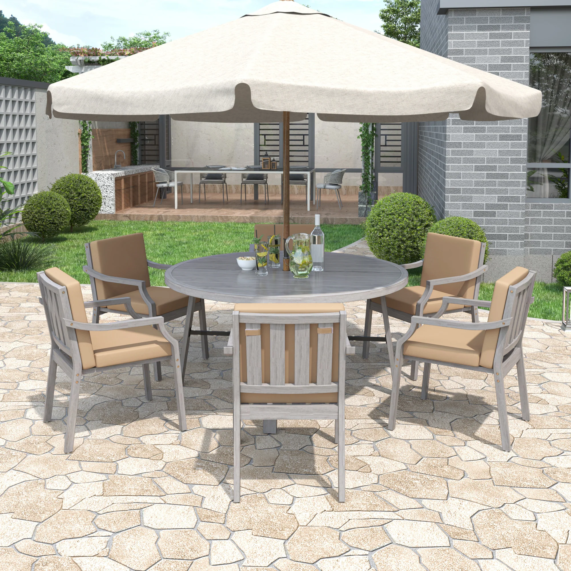 Antique Gray Acacia Wood Outdoor Dining Set 6-Person with Cushions - Image 2