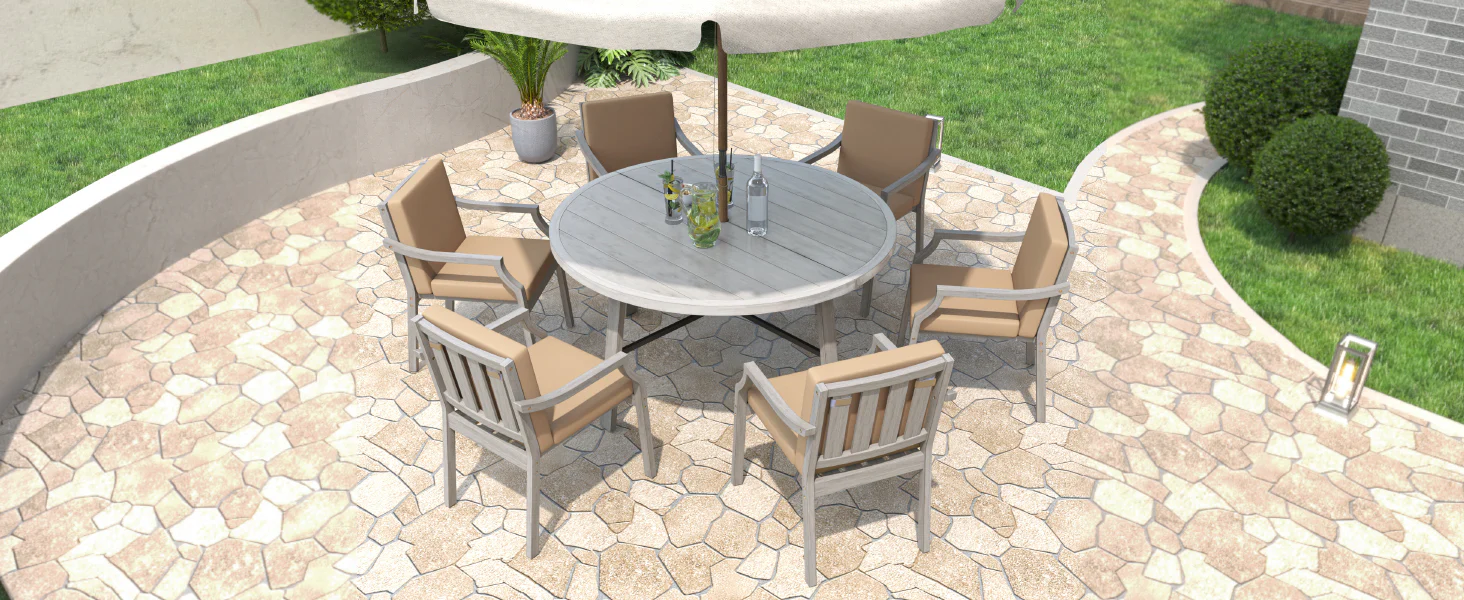 Antique Gray Acacia Wood Outdoor Dining Set 6-Person with Cushions - Image 28
