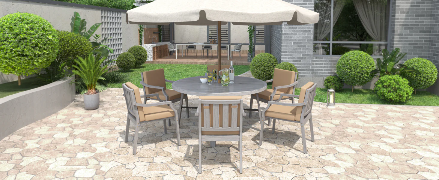 Antique Gray Acacia Wood Outdoor Dining Set 6-Person with Cushions - Image 29