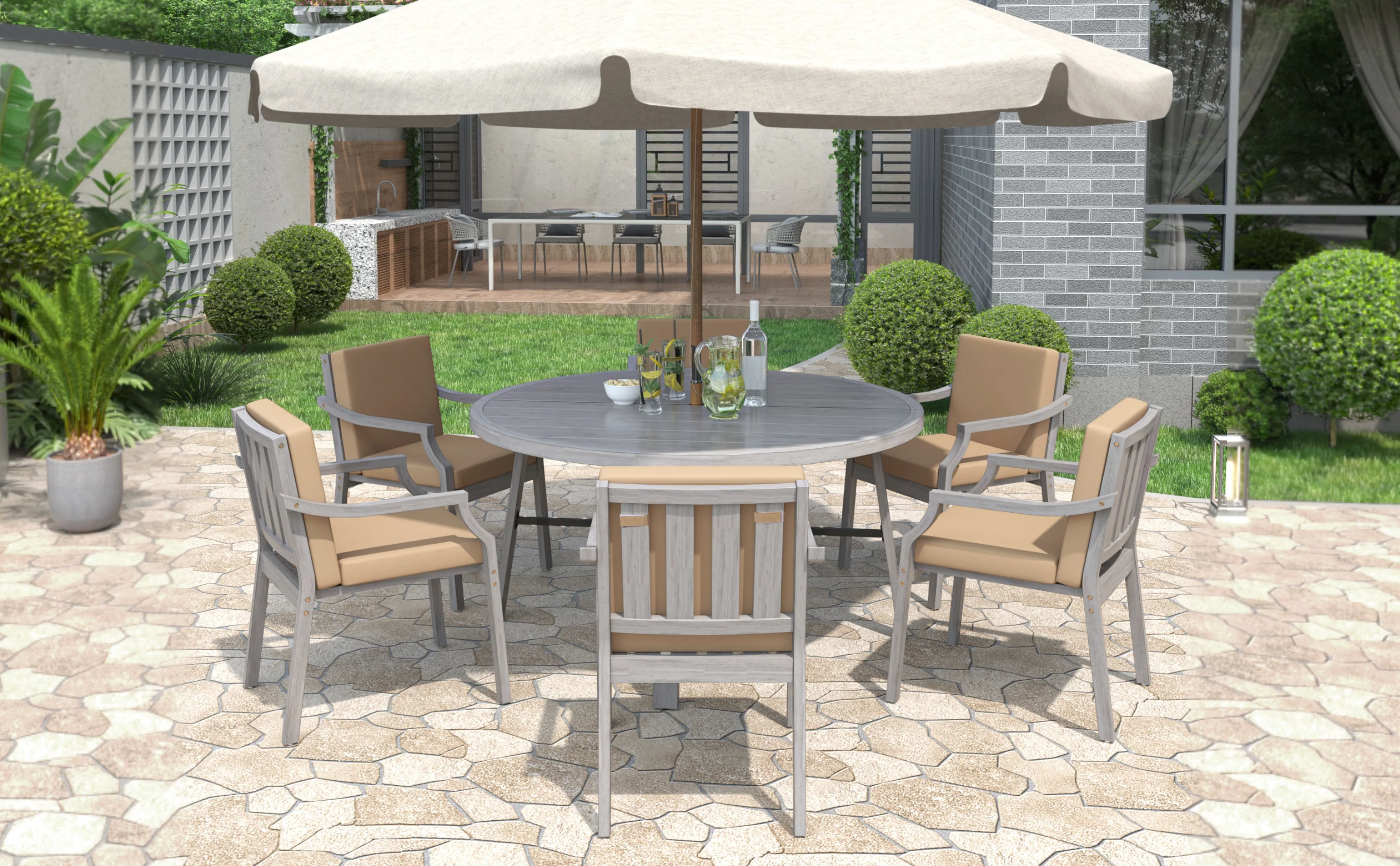 Antique Gray Acacia Wood Outdoor Dining Set 6-Person with Cushions - Image 30