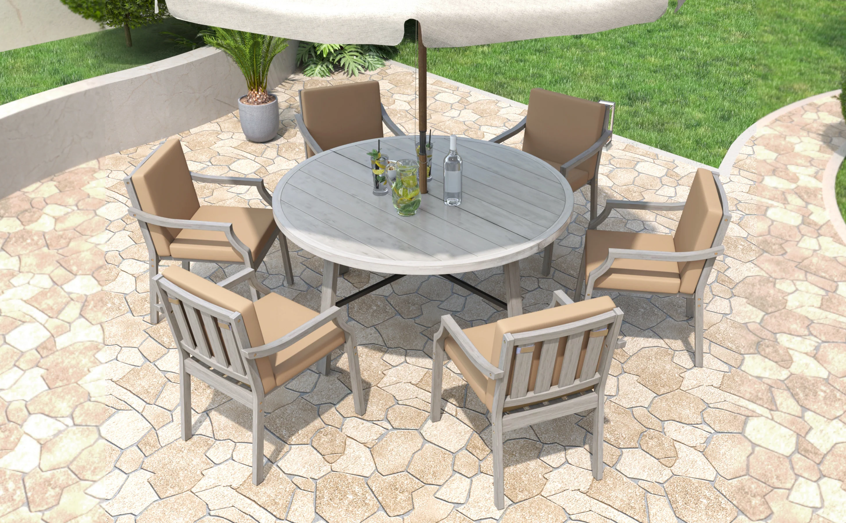 Antique Gray Acacia Wood Outdoor Dining Set 6-Person with Cushions - Image 31