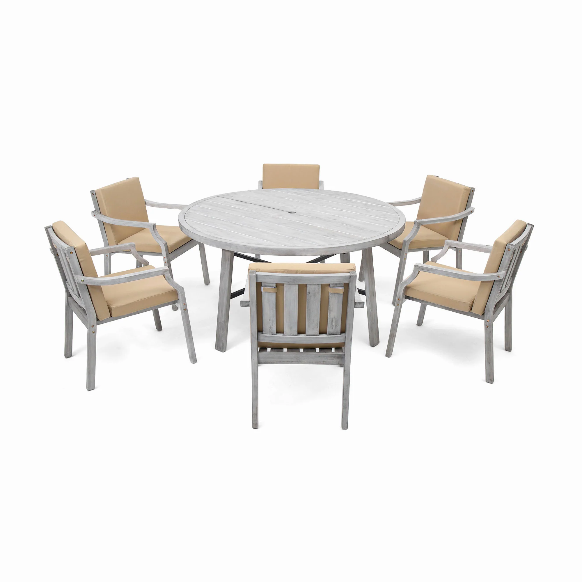 Antique Gray Acacia Wood Outdoor Dining Set 6-Person with Cushions - Image 38