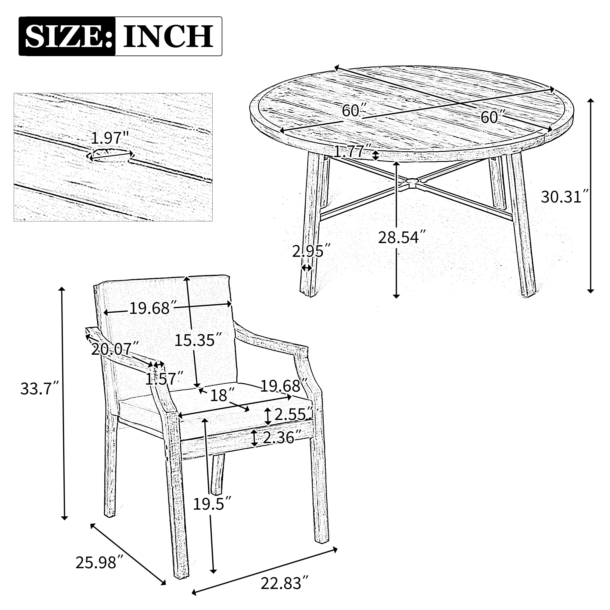 Antique Gray Acacia Wood Outdoor Dining Set 6-Person with Cushions - Image 4