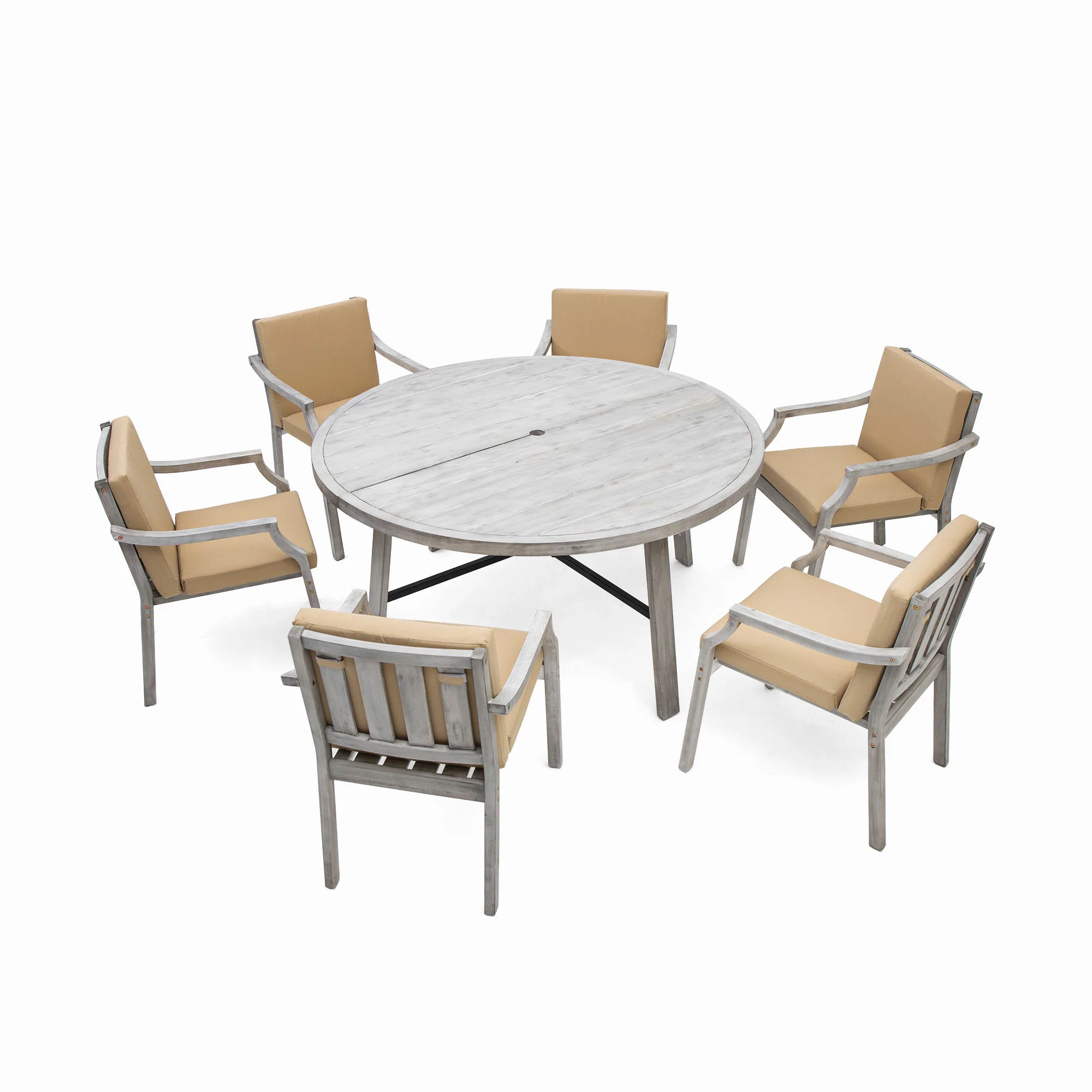 Antique Gray Acacia Wood Outdoor Dining Set 6-Person with Cushions - Image 45