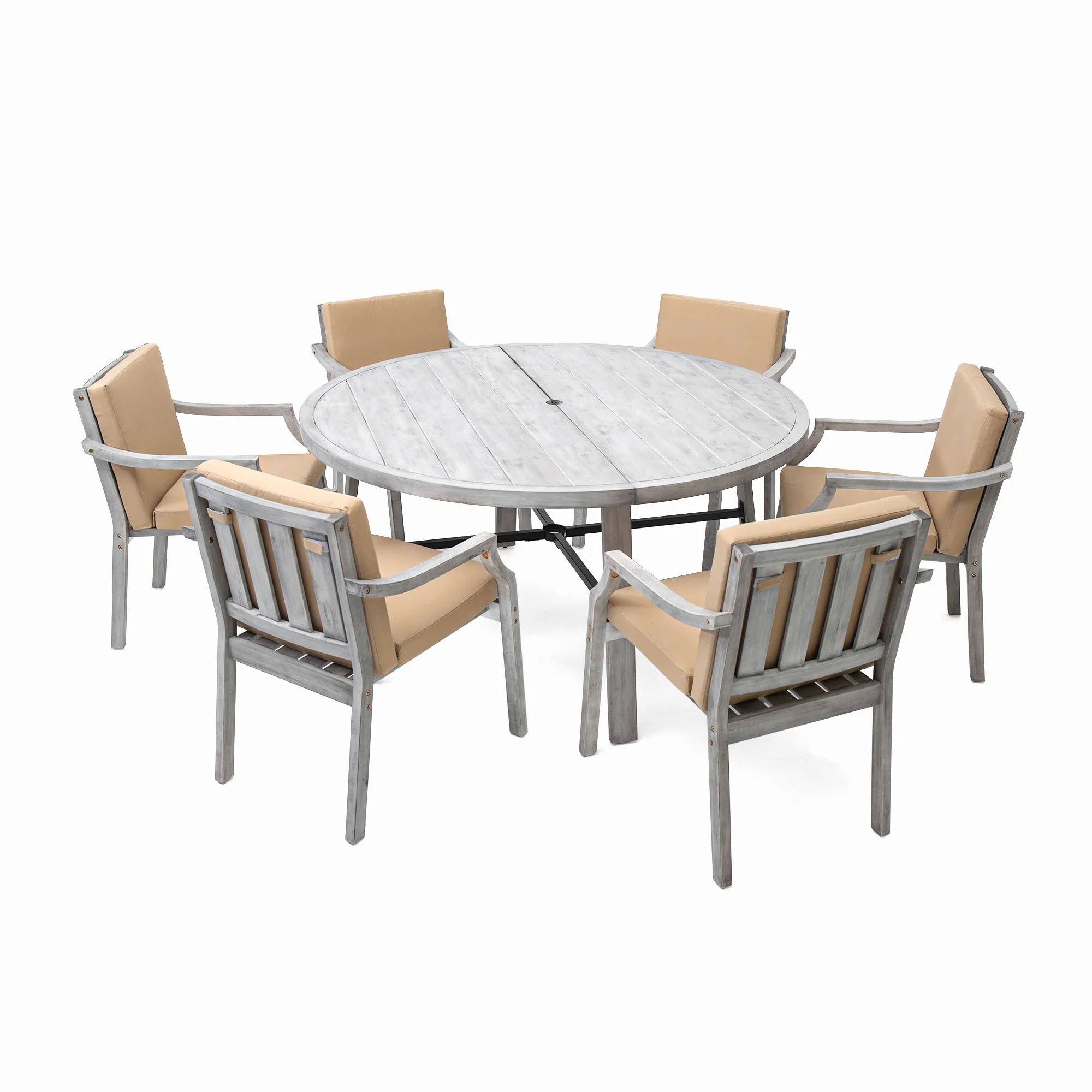 Antique Gray Acacia Wood Outdoor Dining Set 6-Person with Cushions - Image 46