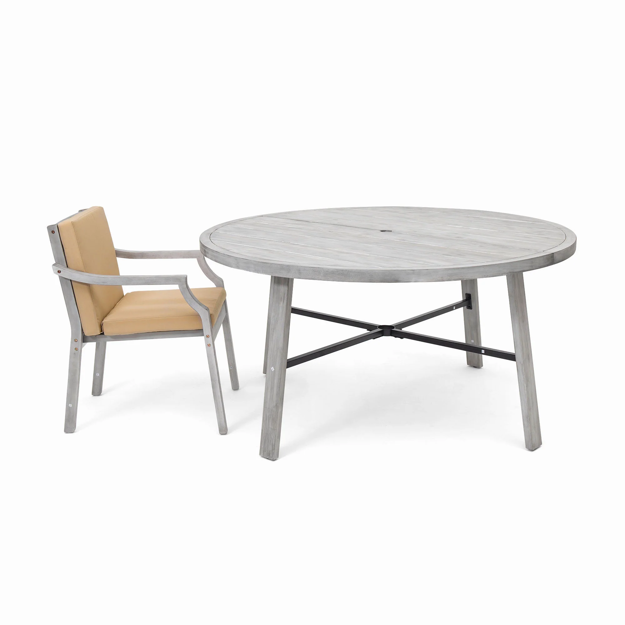 Antique Gray Acacia Wood Outdoor Dining Set 6-Person with Cushions - Image 47