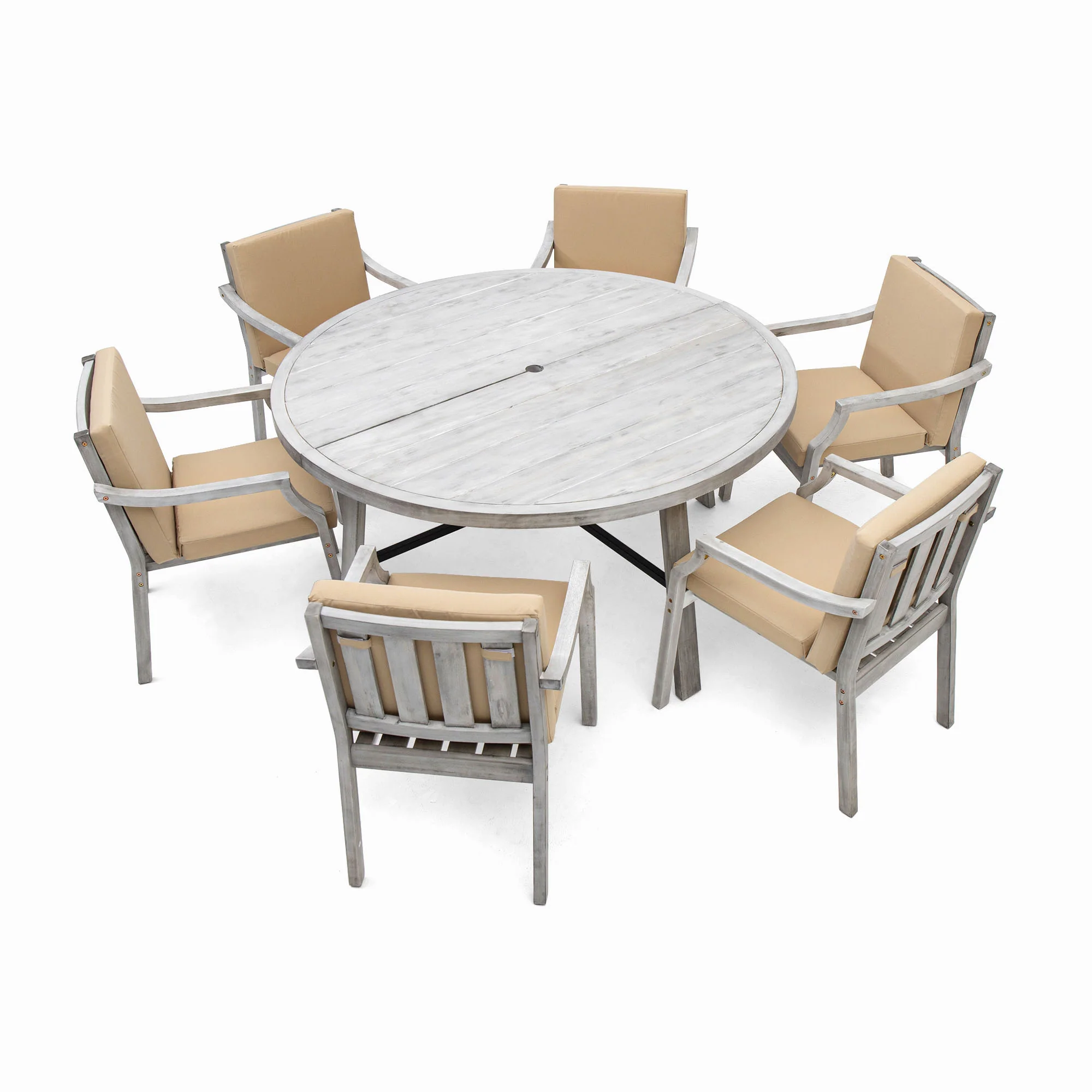 Antique Gray Acacia Wood Outdoor Dining Set 6-Person with Cushions - Image 49