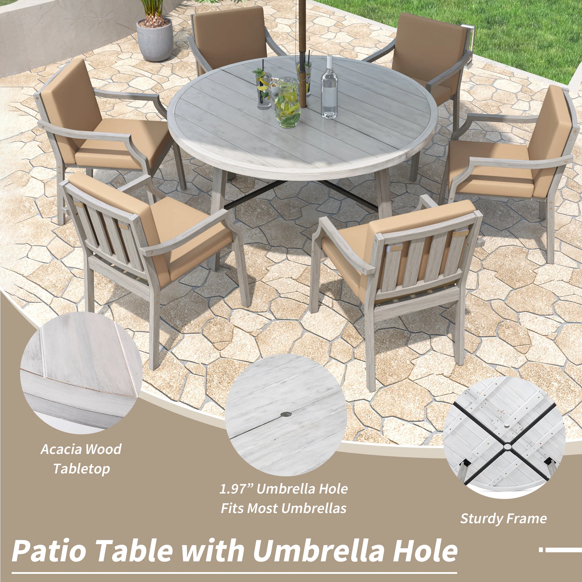 Antique Gray Acacia Wood Outdoor Dining Set 6-Person with Cushions - Image 5