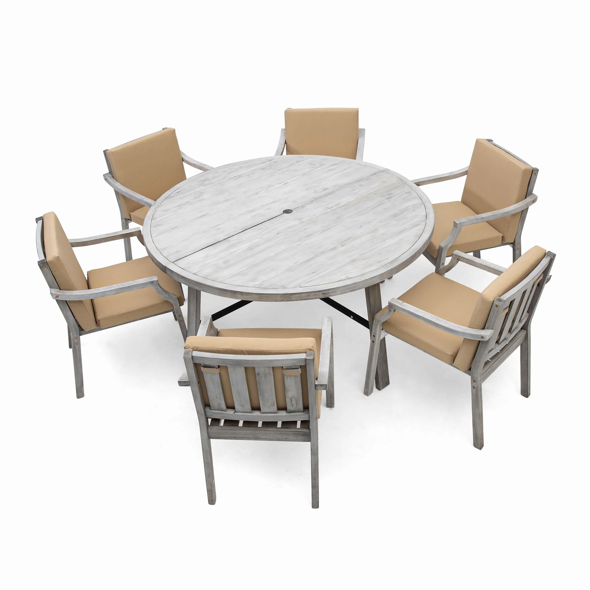 Antique Gray Acacia Wood Outdoor Dining Set 6-Person with Cushions - Image 50