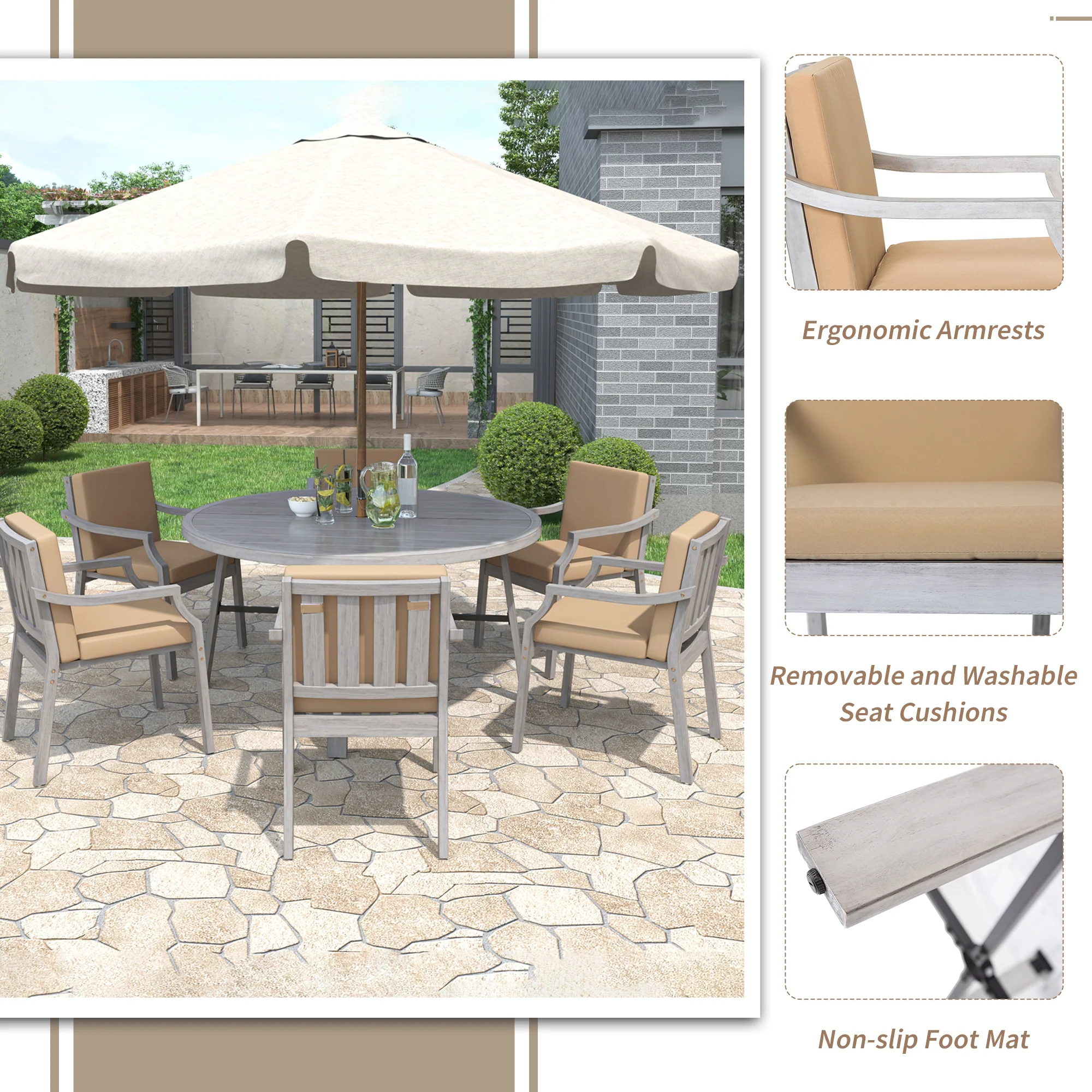 Antique Gray Acacia Wood Outdoor Dining Set 6-Person with Cushions - Image 6