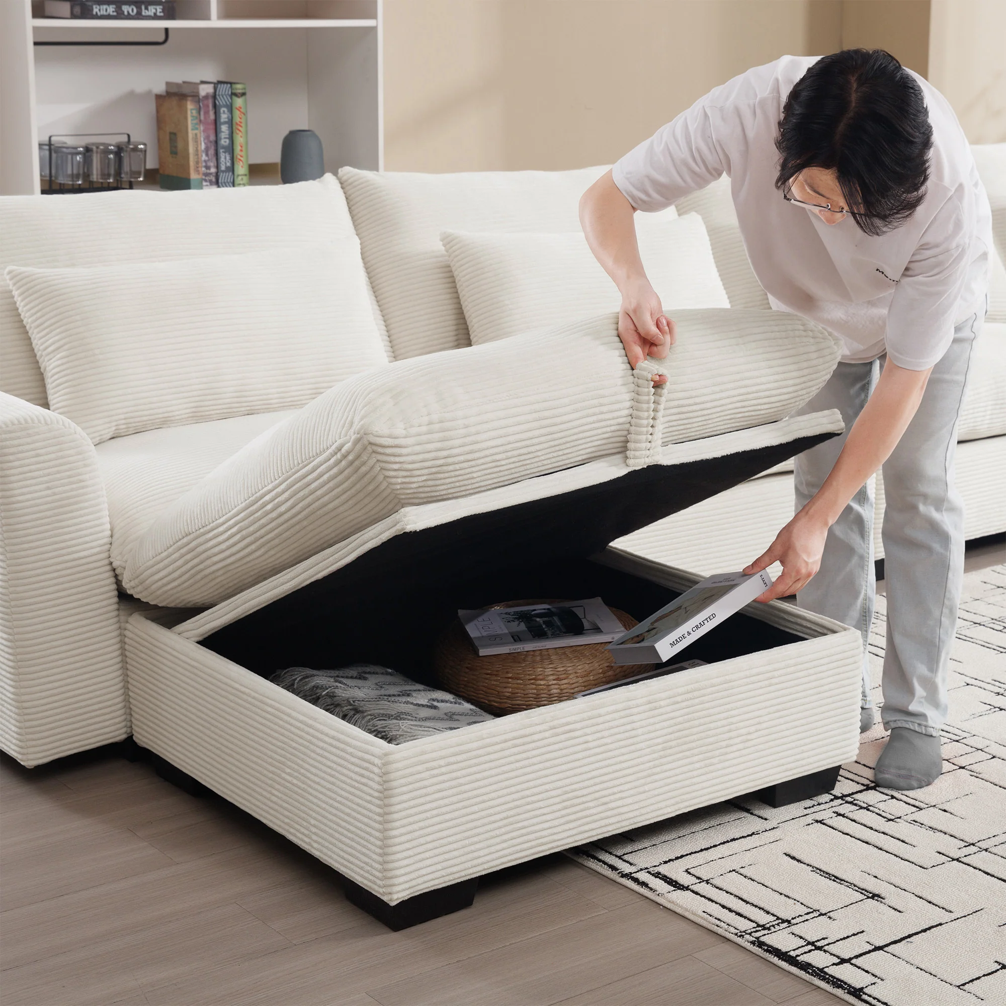 Walker Edison | Beige Corduroy Cloud Modular Loveseat with Storage Ottoman - Image 13