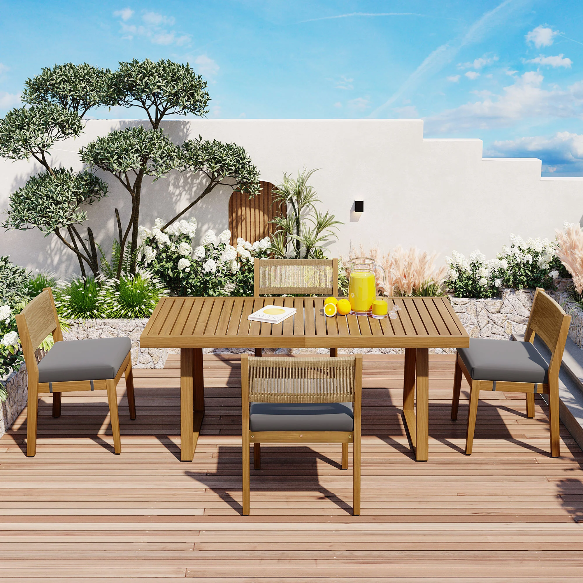 Walker Edison | Outdoor Acacia Wood Dining Table and Chair Set - Image 2