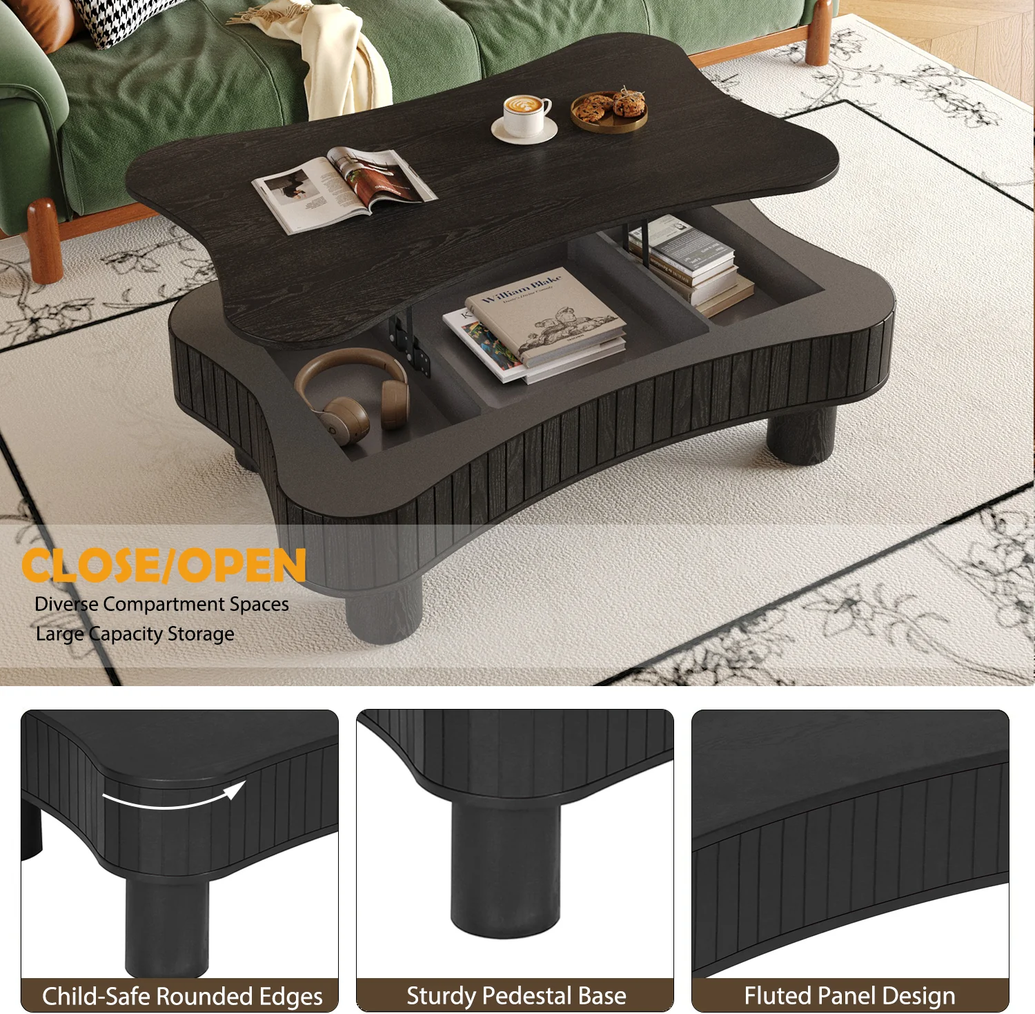 Walker Edison | Black Reeded Curve Design Lift Top Coffee Table and Desk - Image 12